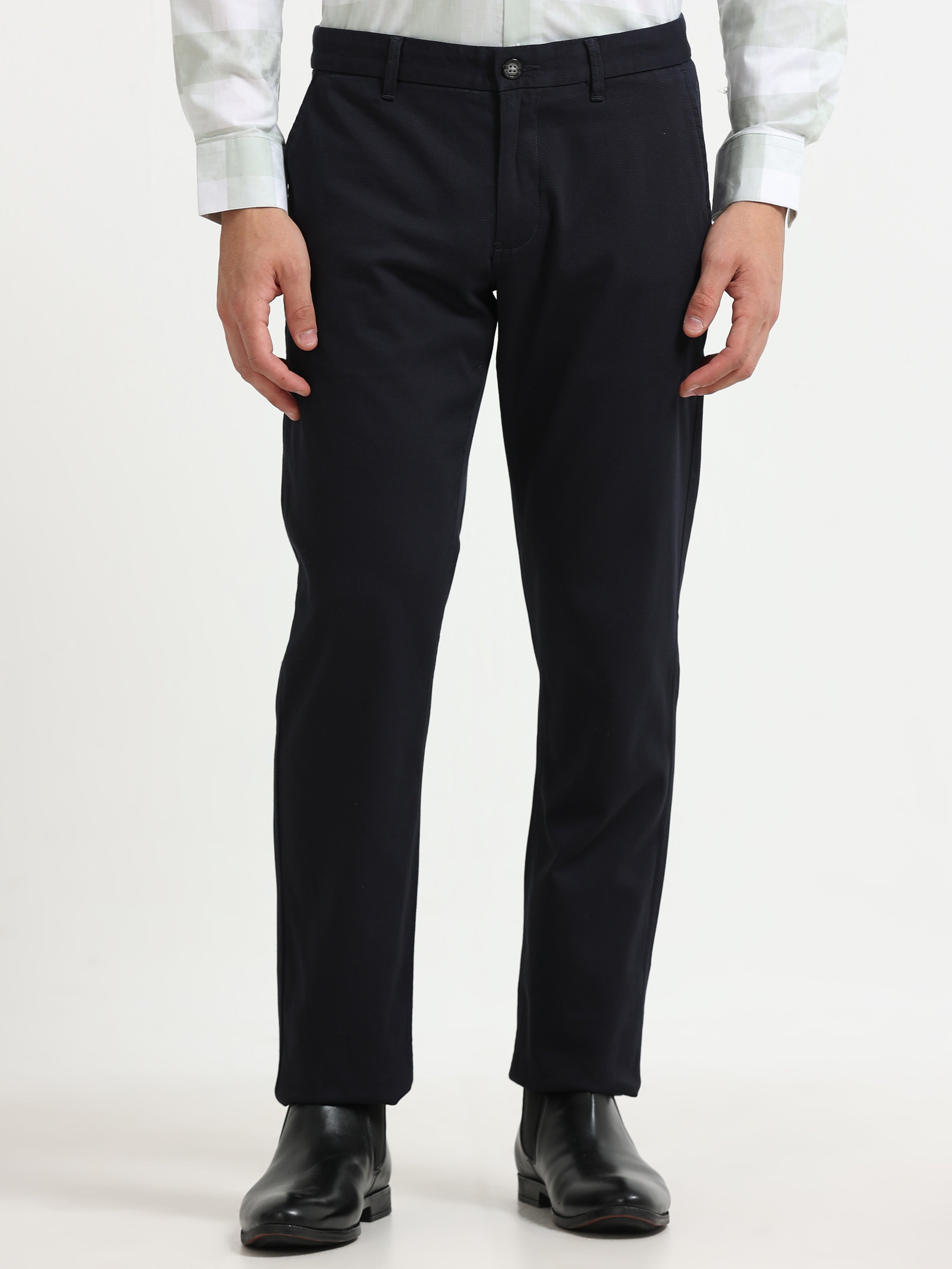 NAVY DOBBIES COTTON LYCRA BLEND TROUSER