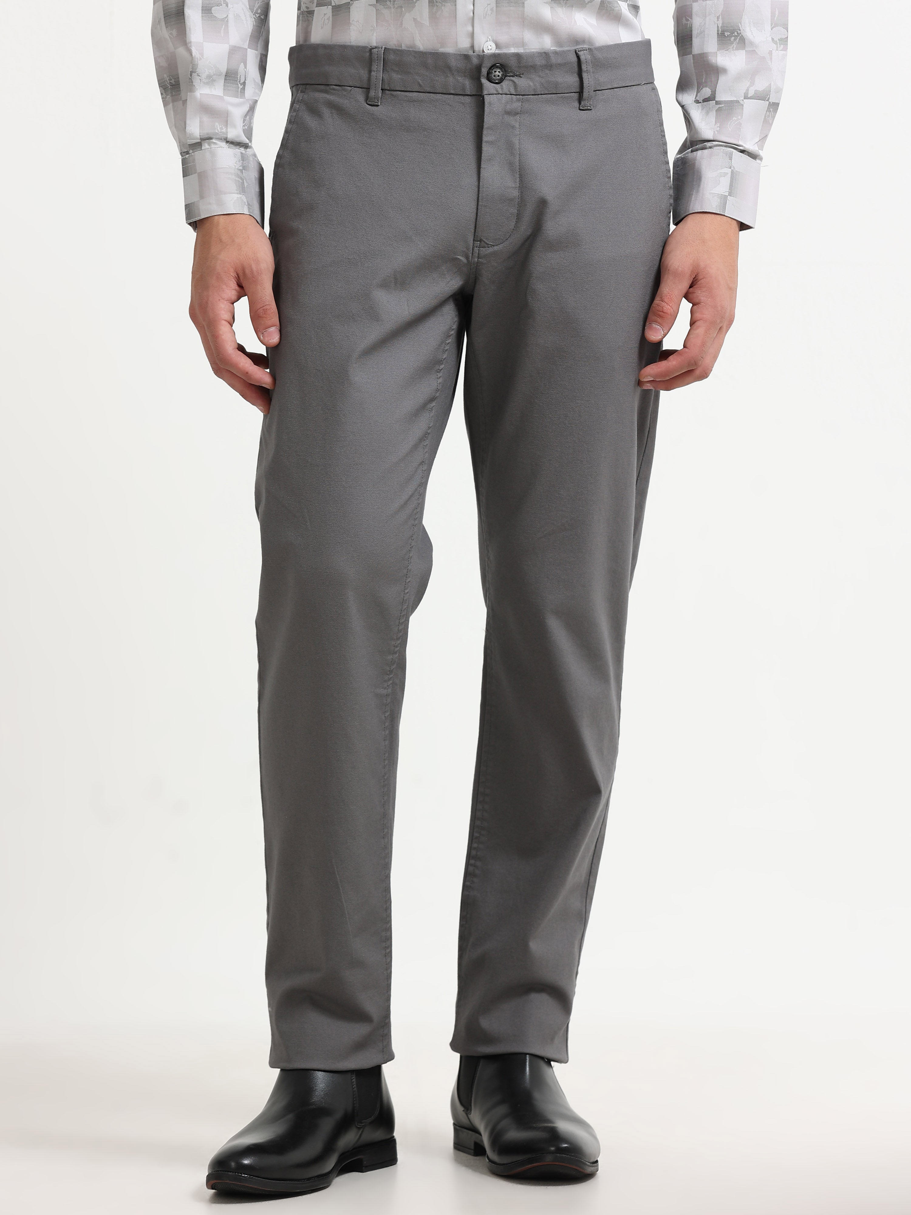 GREY DOBBIES COTTON LYCRA BLEND TROUSER