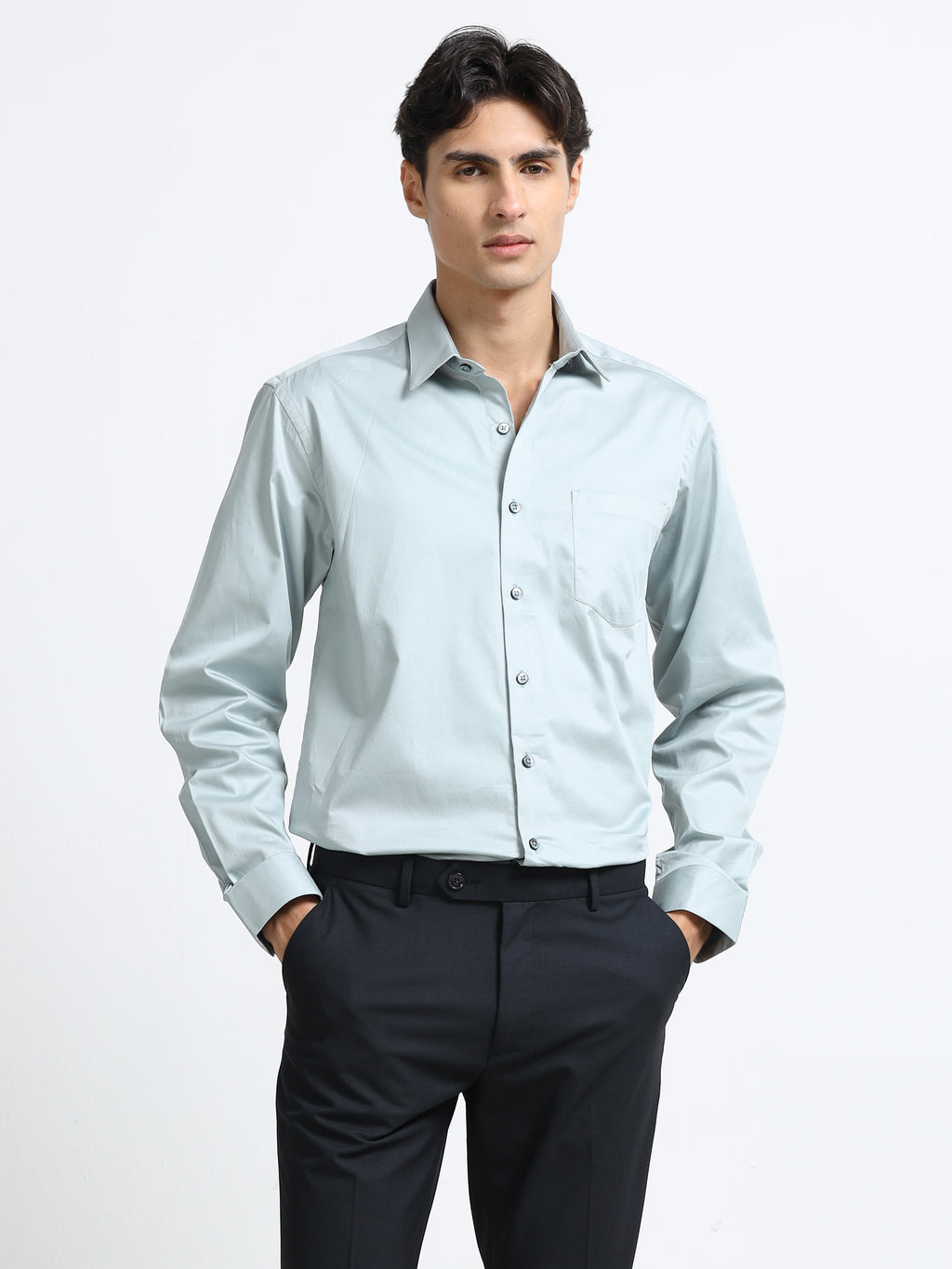 Arctic Mint Cotton Satin Stretch Solid Shirt