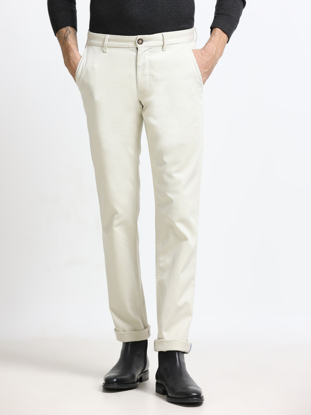 ECRU DOBBIES COTTON LYCRA BLEND TROUSER