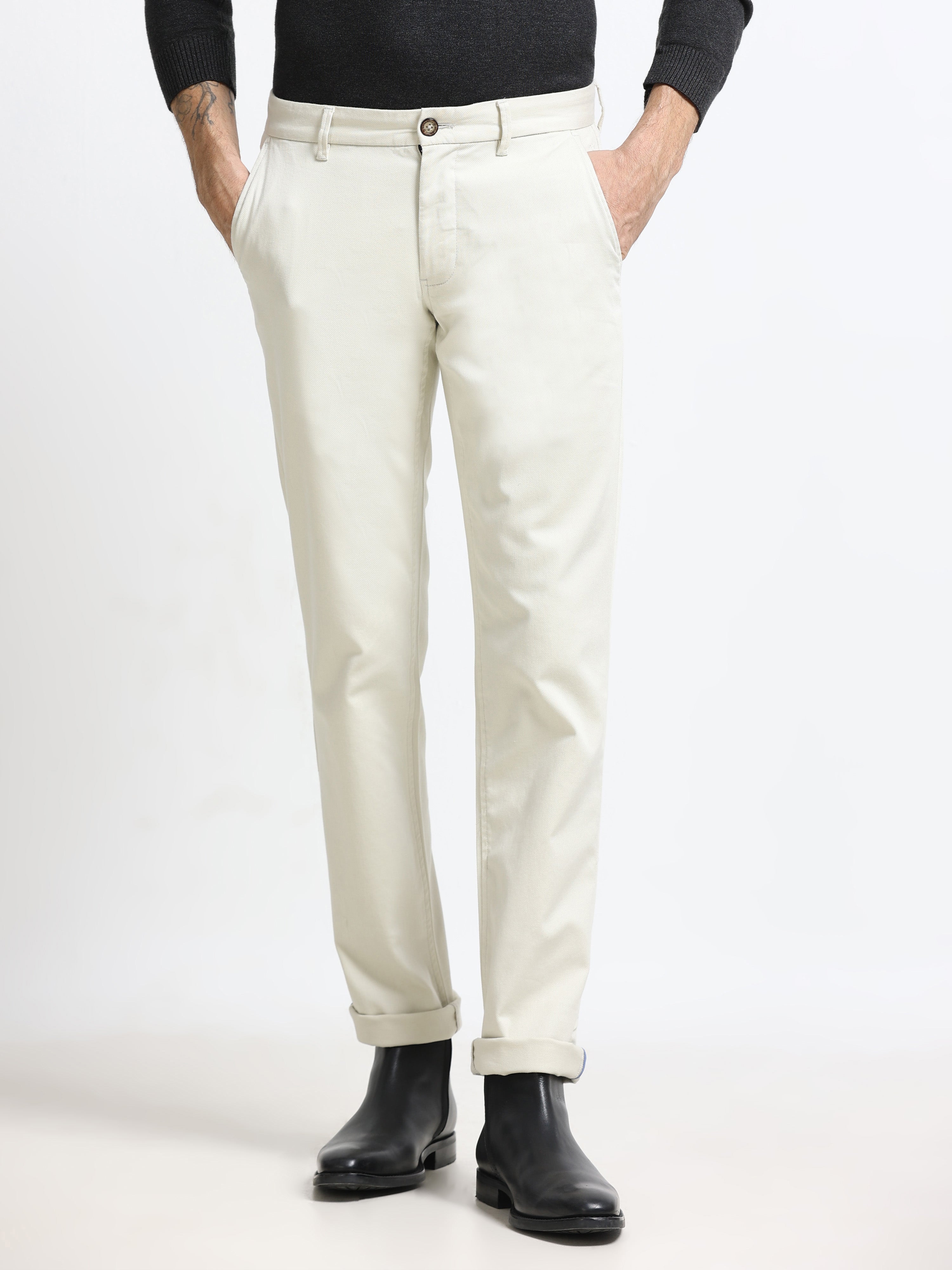ECRU DOBBIES COTTON LYCRA BLEND TROUSER