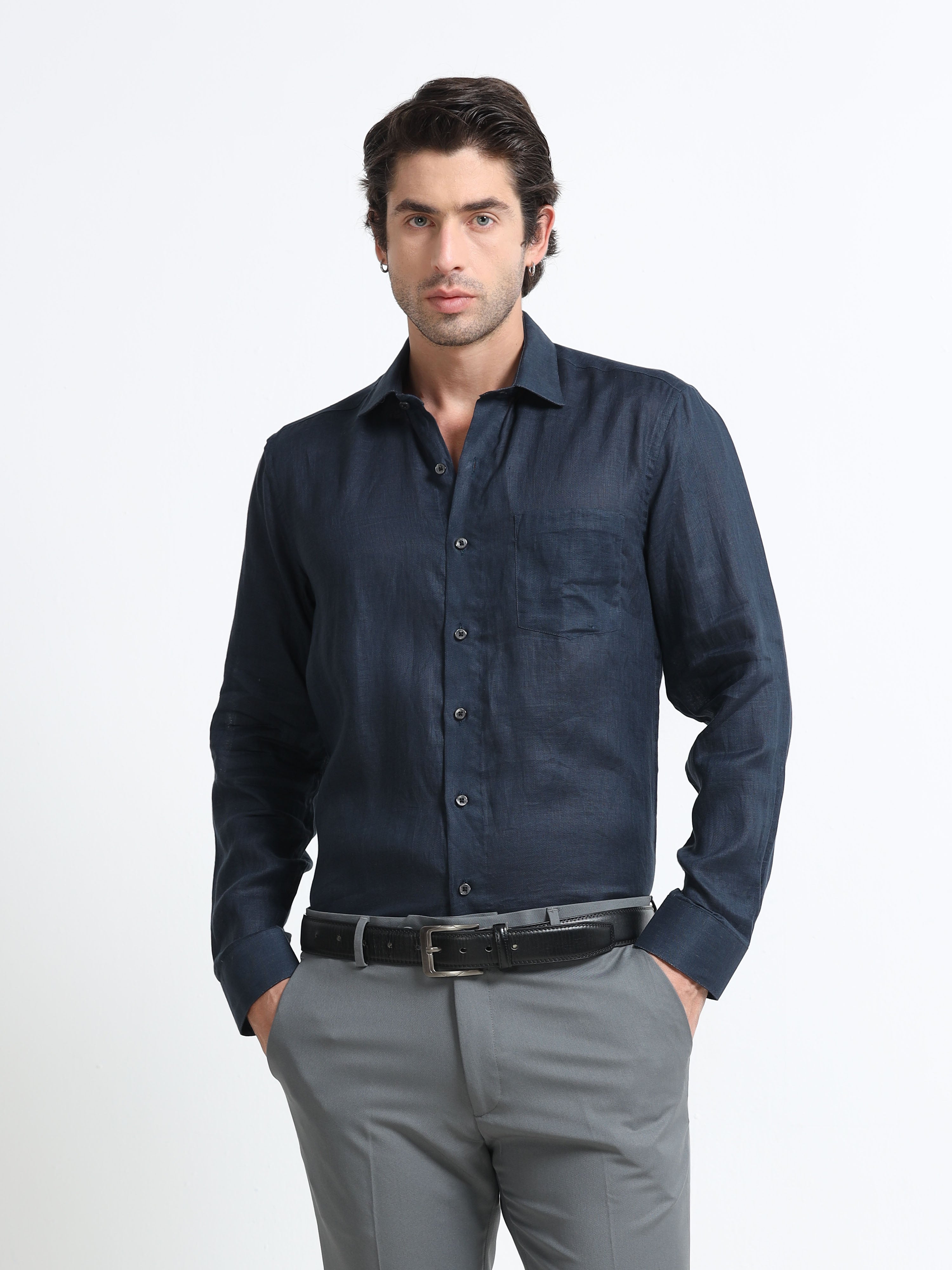 Midnight Blue Linen Solid Shirt