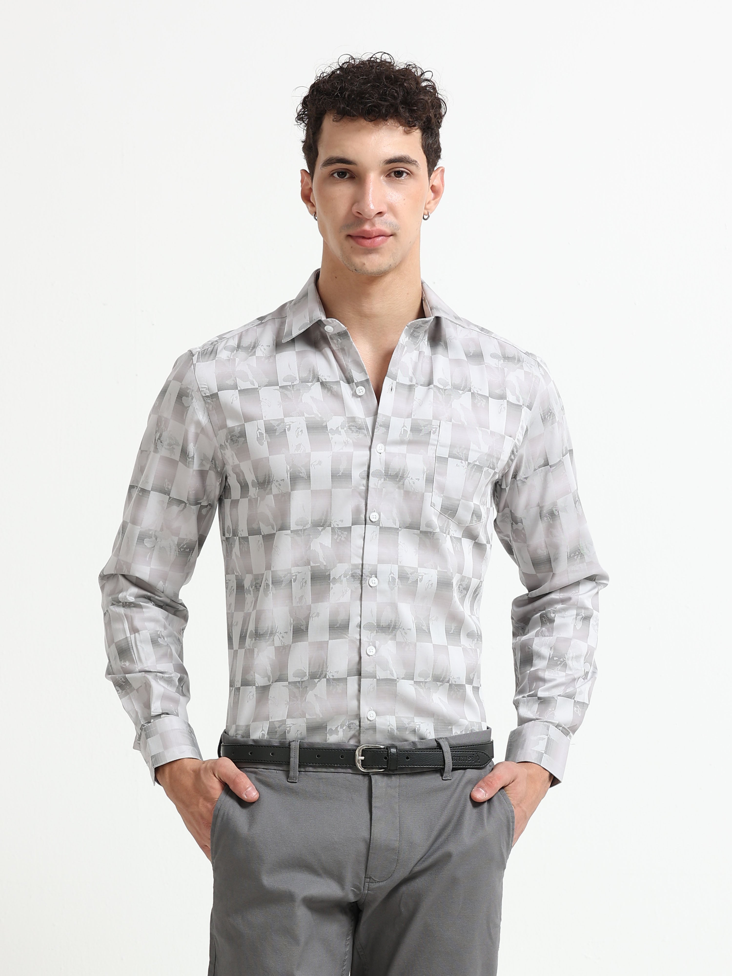 Silver Shadow Floral Checkerboard Jacquard Shirt