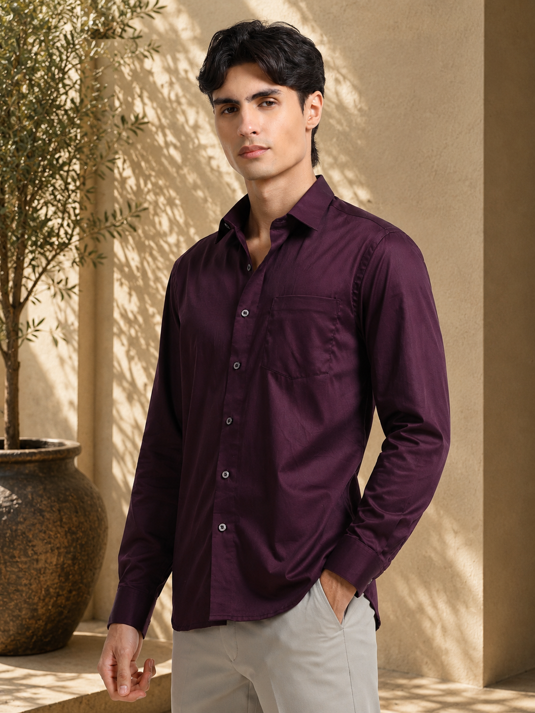 Mignight Wine Cotton Satin Stretch Solid Shirt