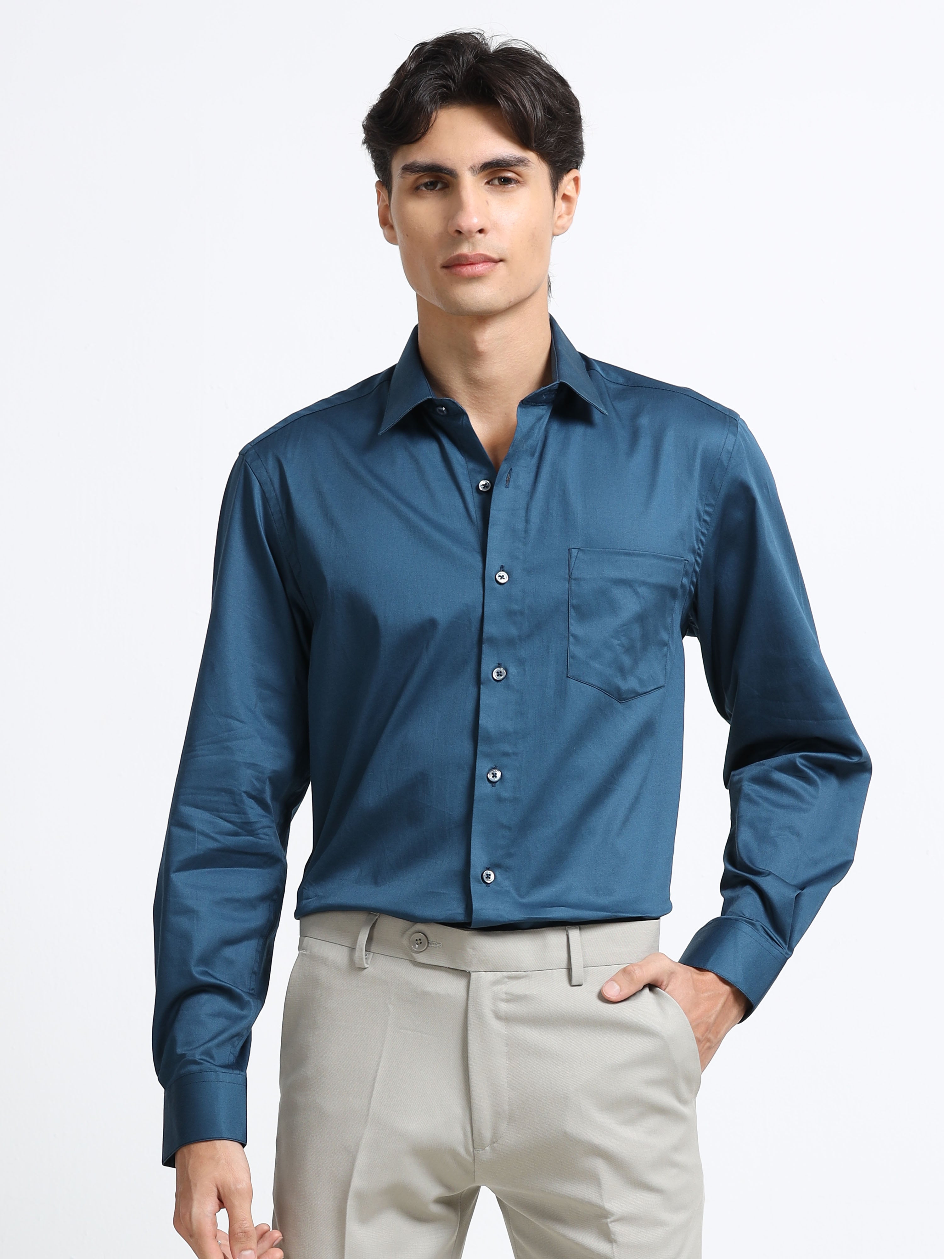 Midnight Teal Cotton Satin Stretch Solid Shirt