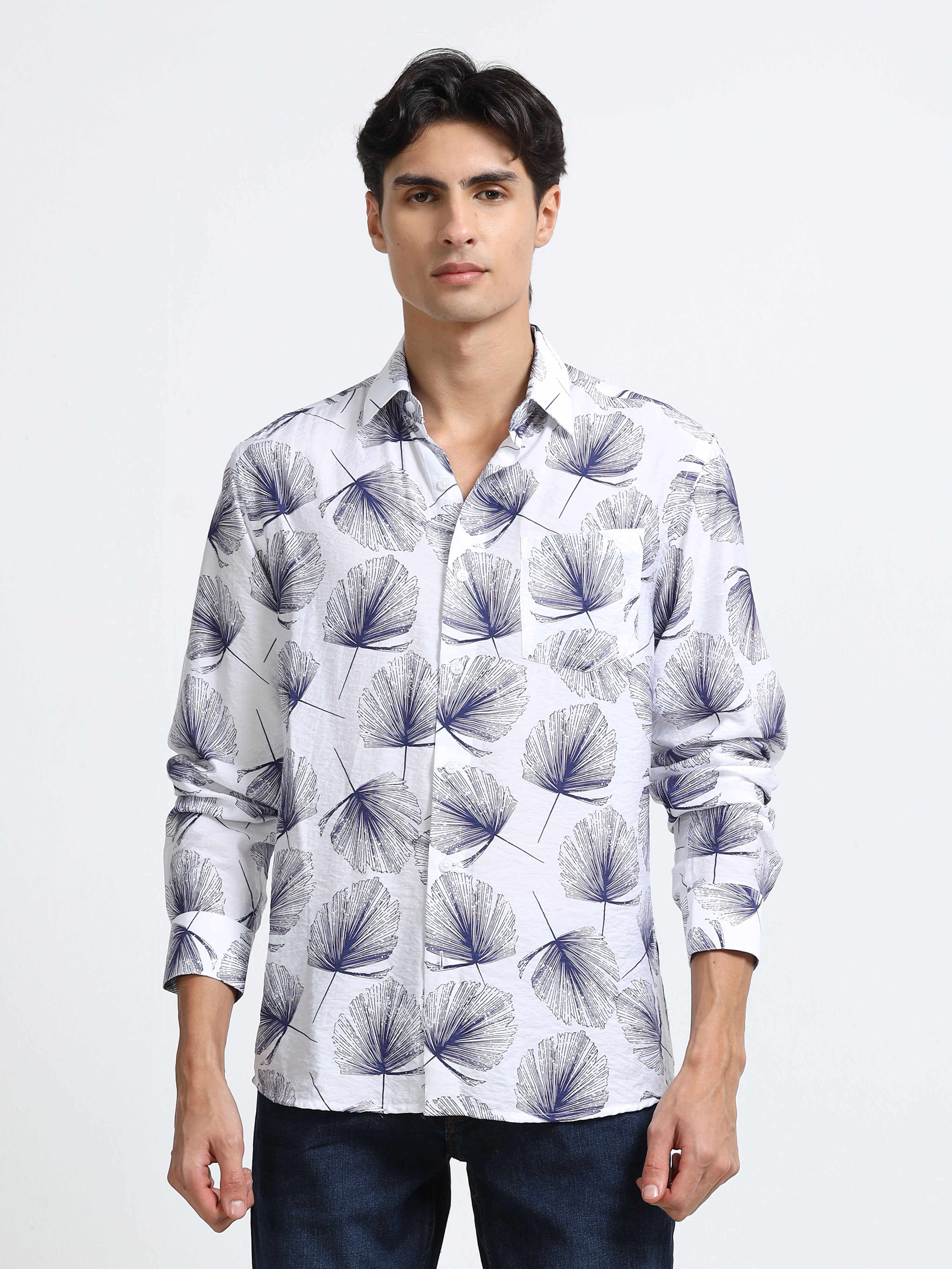 Coastal Ginkgo Indigo Cotton Textured Printed Shirt