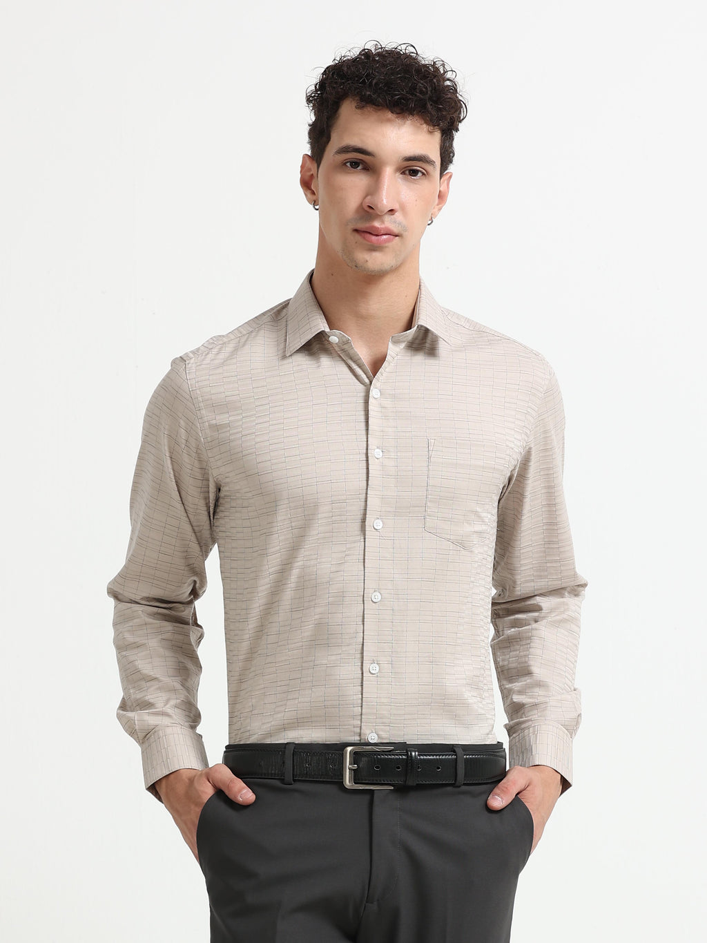 Sand Grid Windowpane Jacquard Shirt