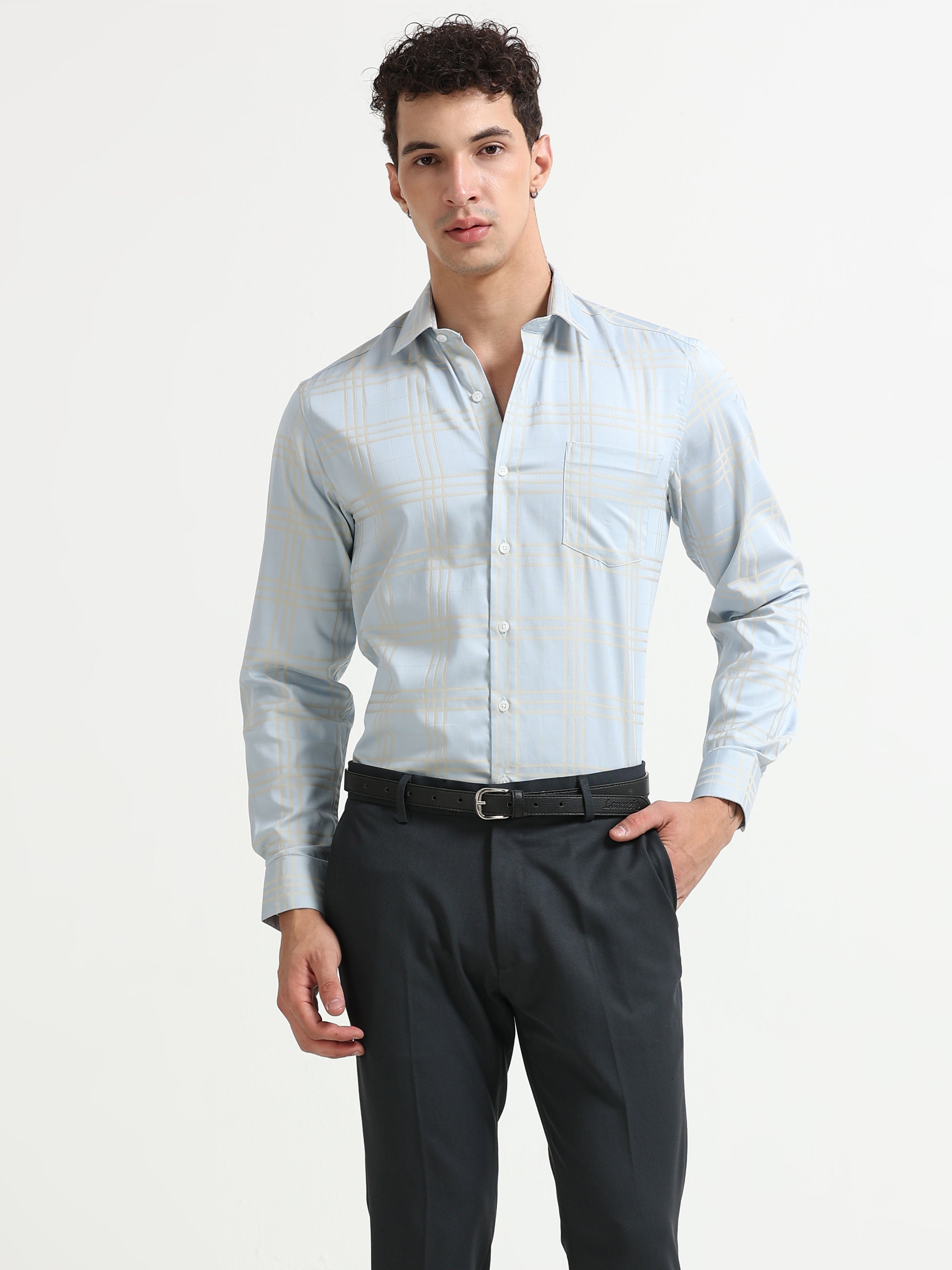 Sky Champagne Windowpane Jacquard Shirt