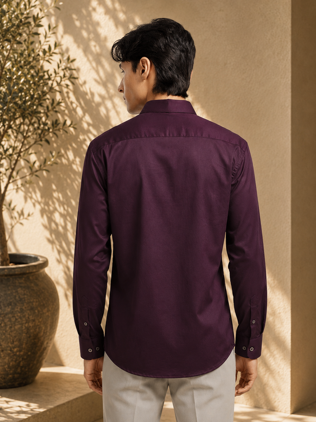 Mignight Wine Cotton Satin Stretch Solid Shirt