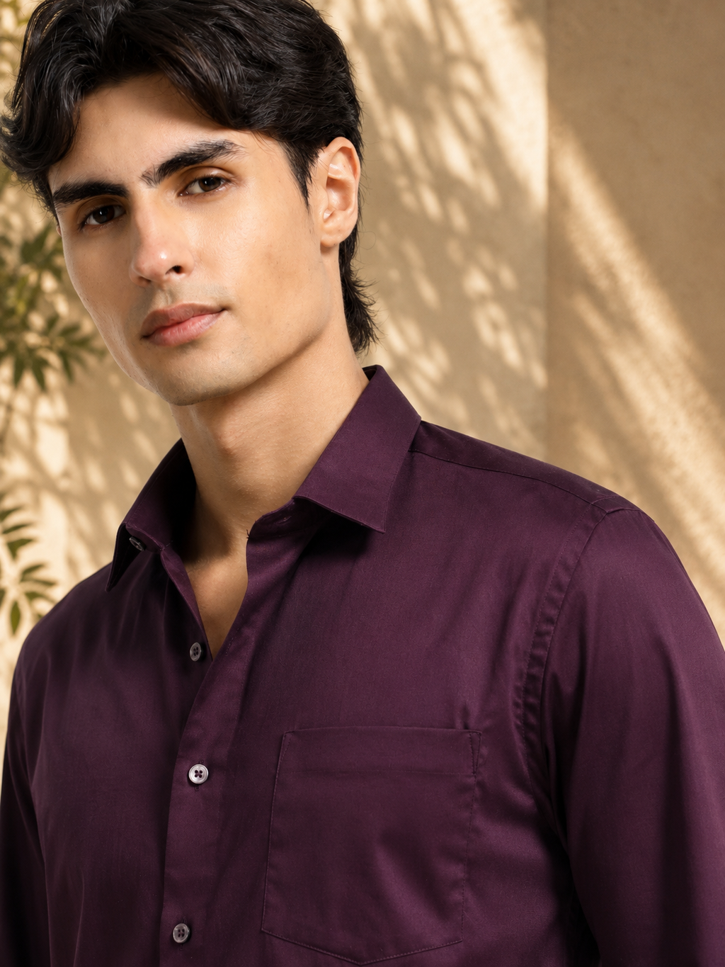 Mignight Wine Cotton Satin Stretch Solid Shirt