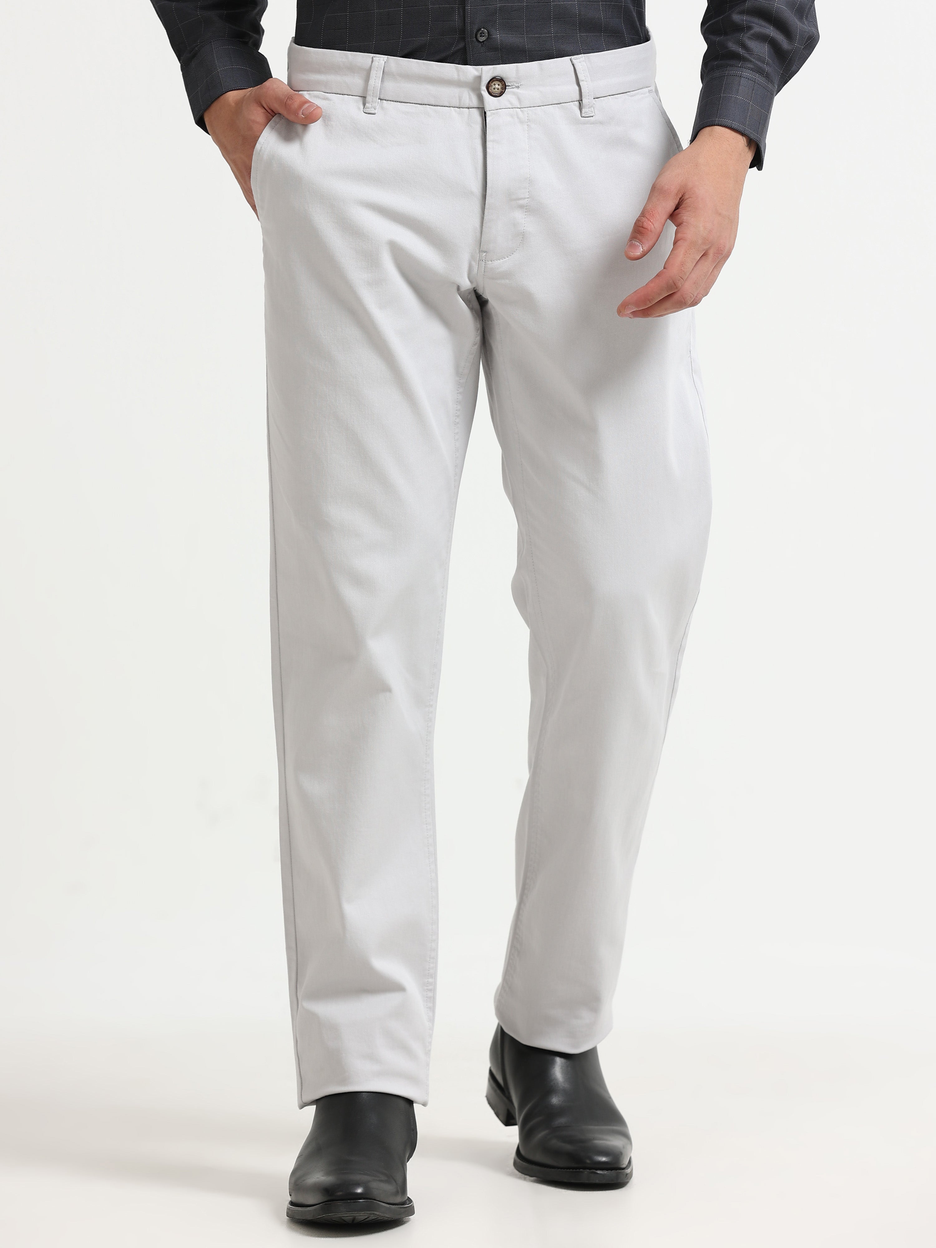 LIGHT GREY DOBBIES COTTON LYCRA BLEND TROUSER