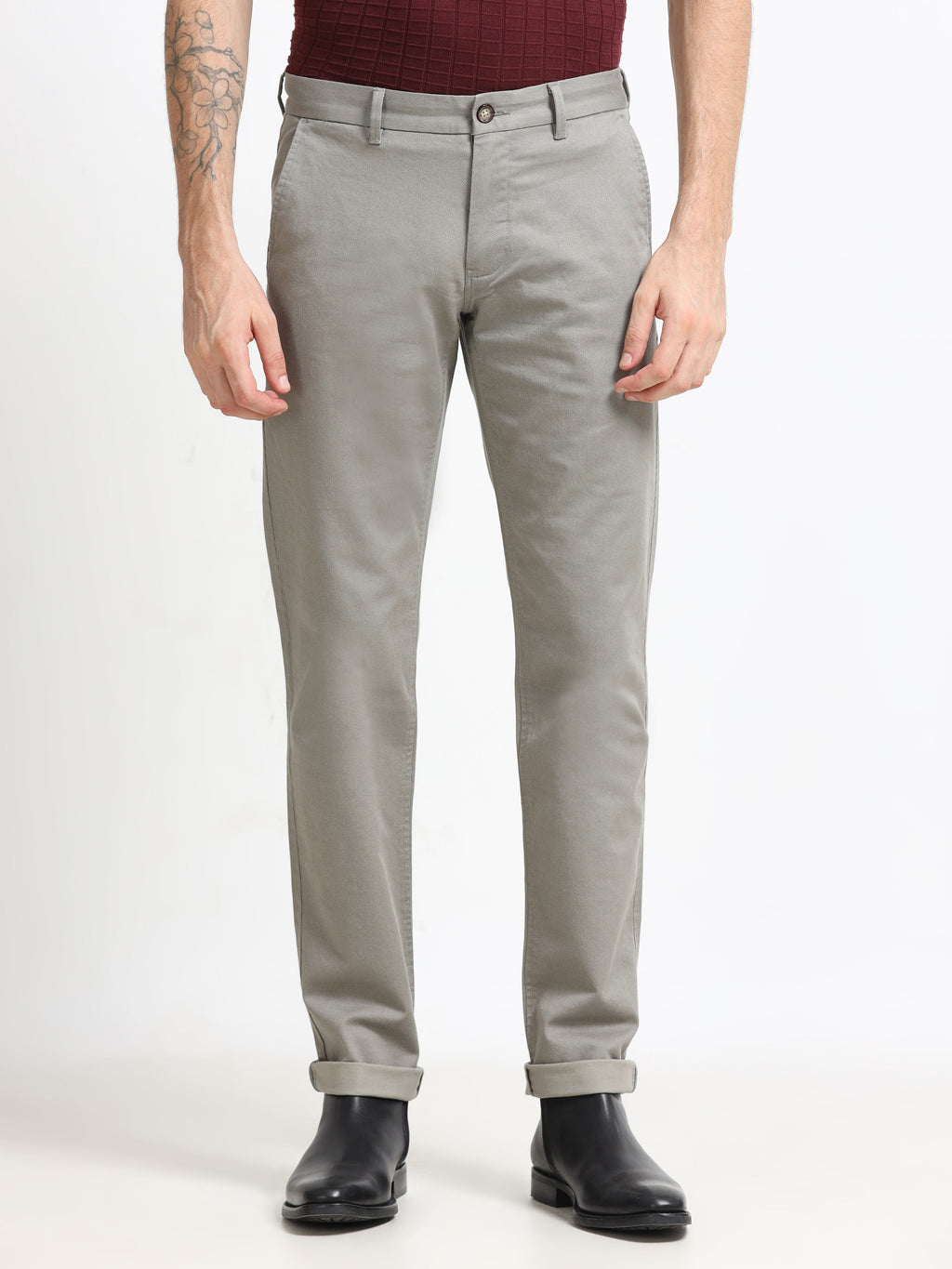TAUPE DOBBIES COTTON LYCRA BLEND TROUSER
