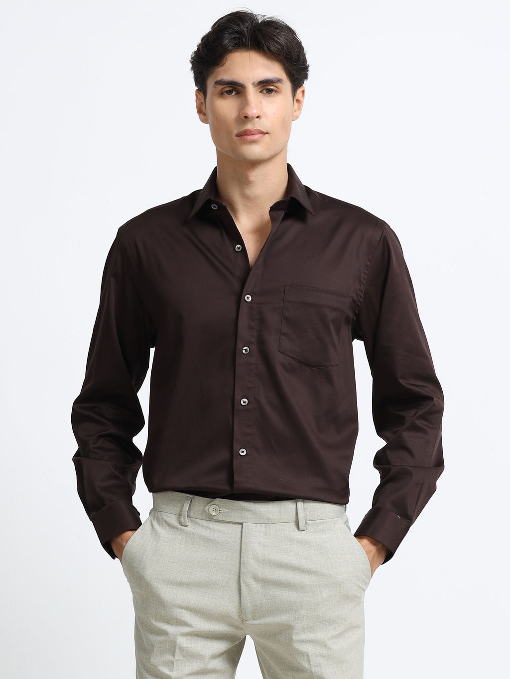 Roasted Bean Cotton Satin Stretch Solid Shirt