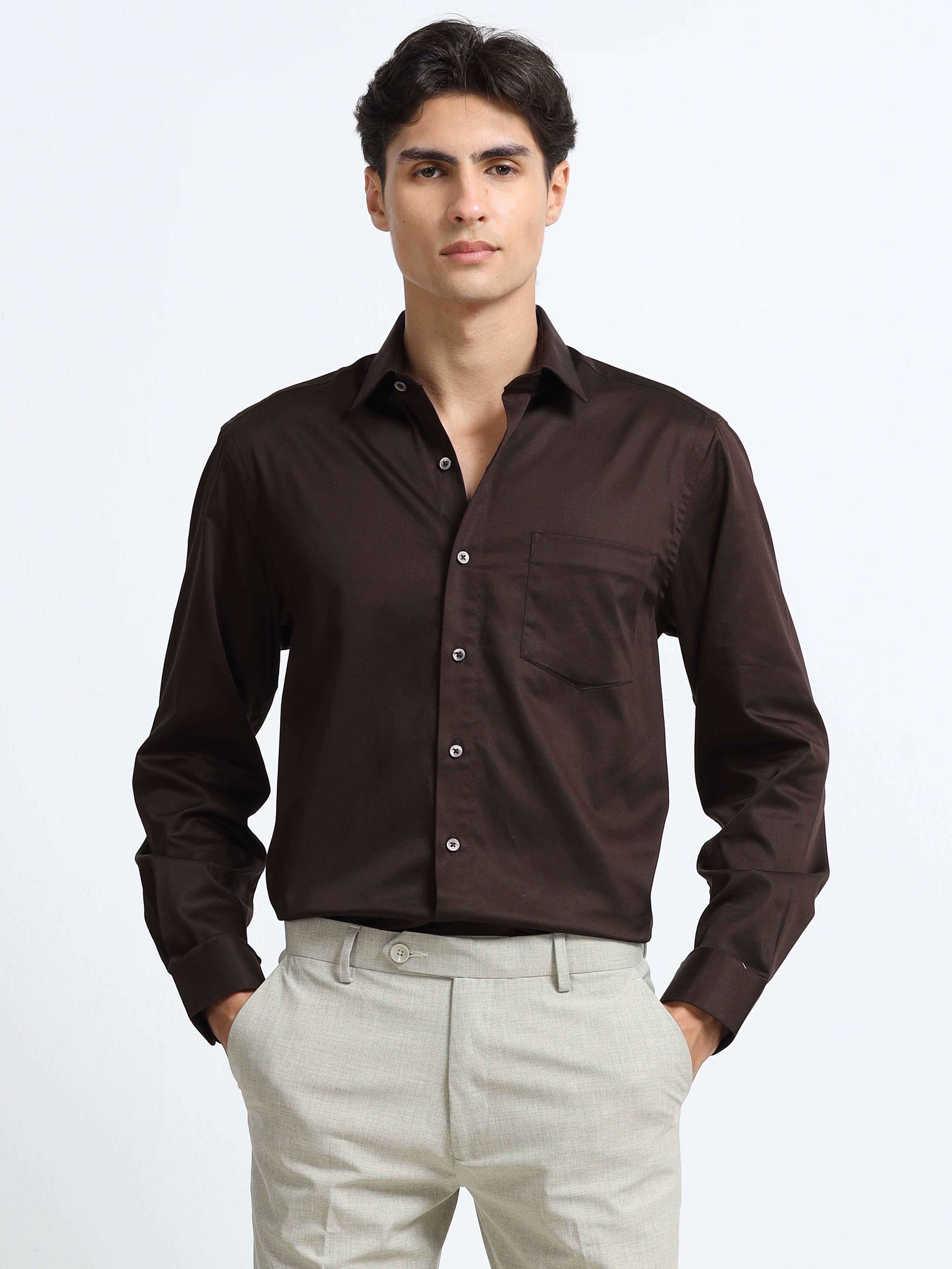 Roasted Bean Cotton Satin Stretch Solid Shirt
