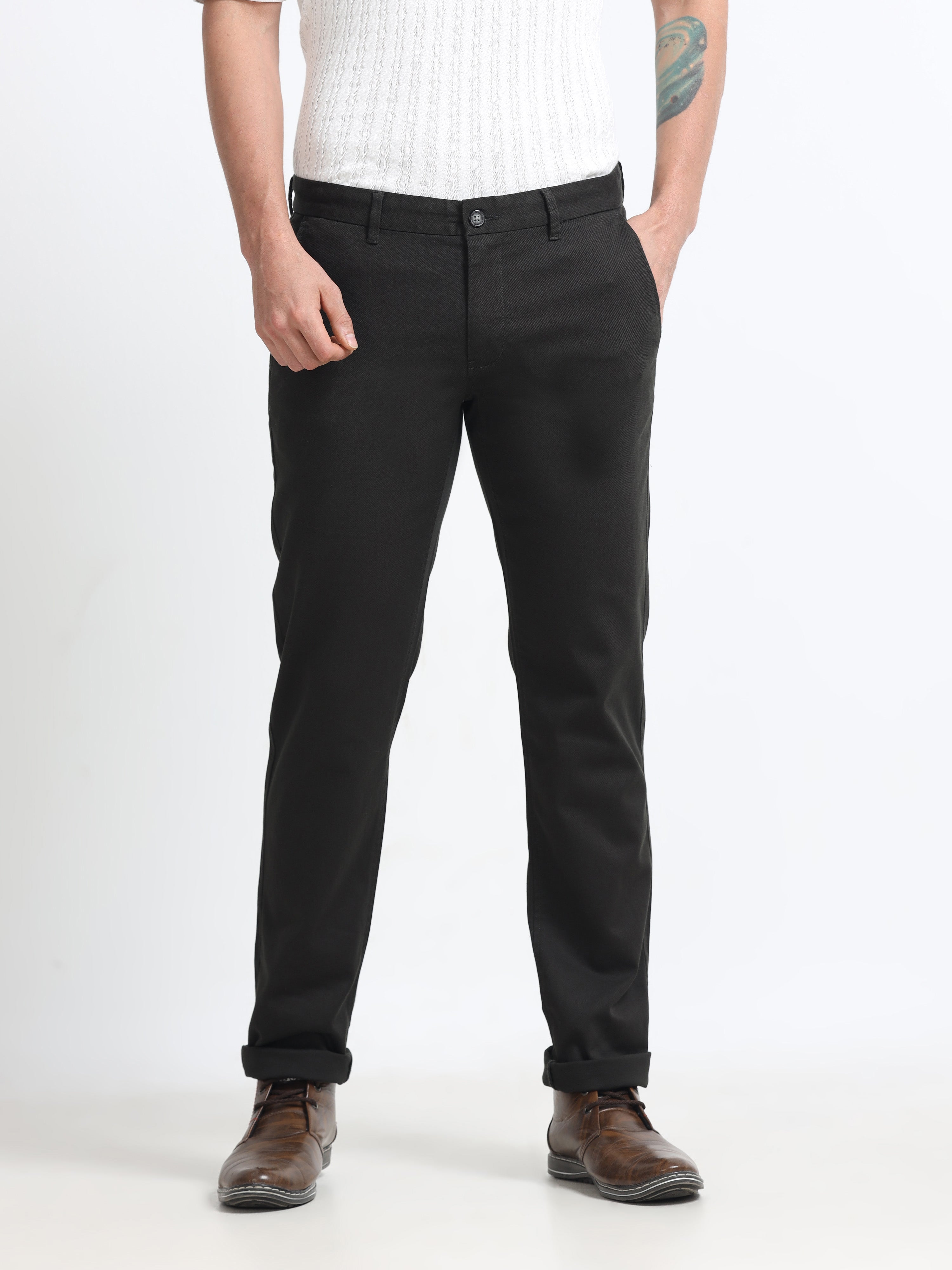 DARK GREEN DOBBIES COTTON LYCRA BLEND TROUSER