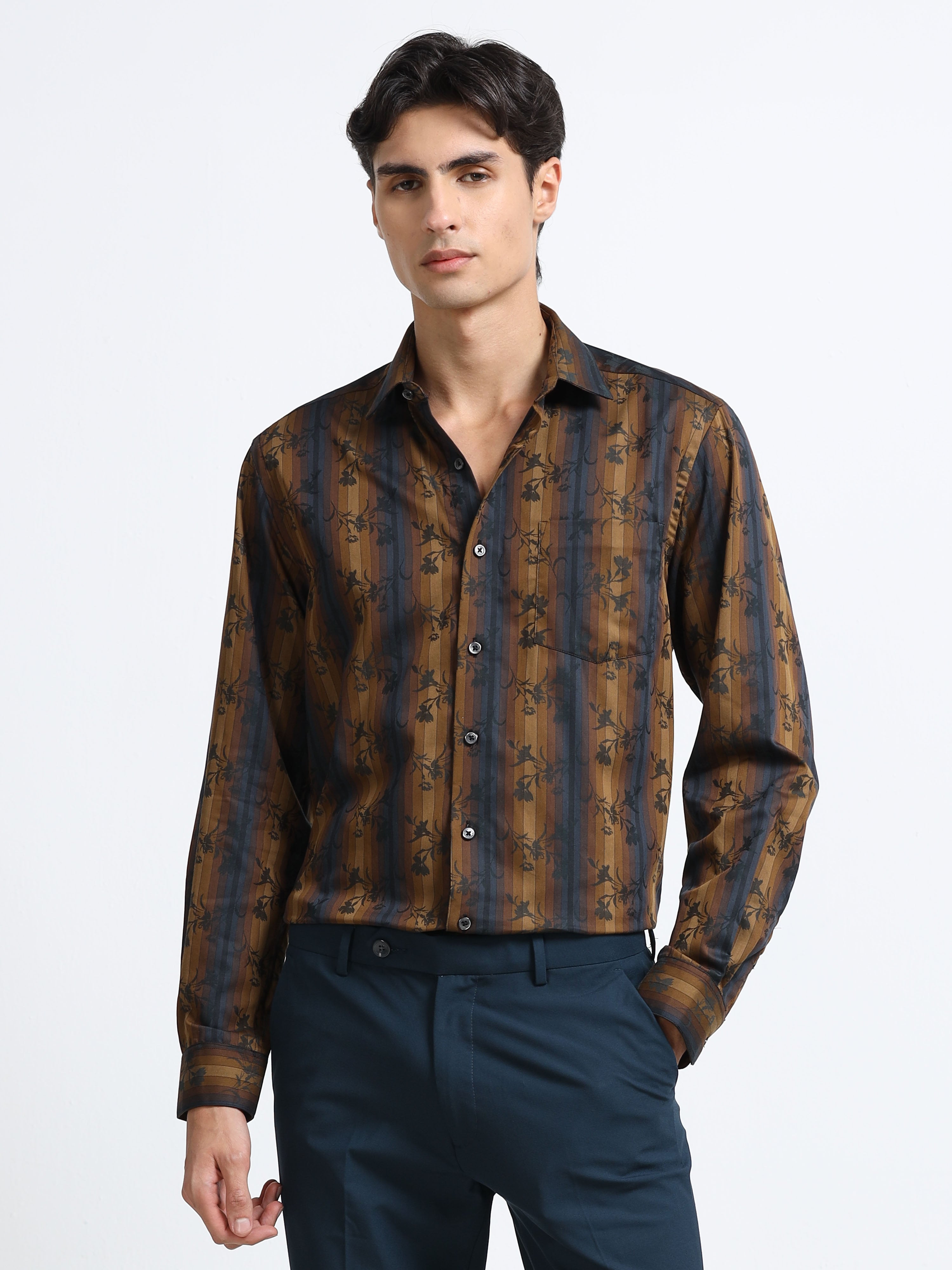 Midnight Copper Ornamental Floral Stripe Shirt