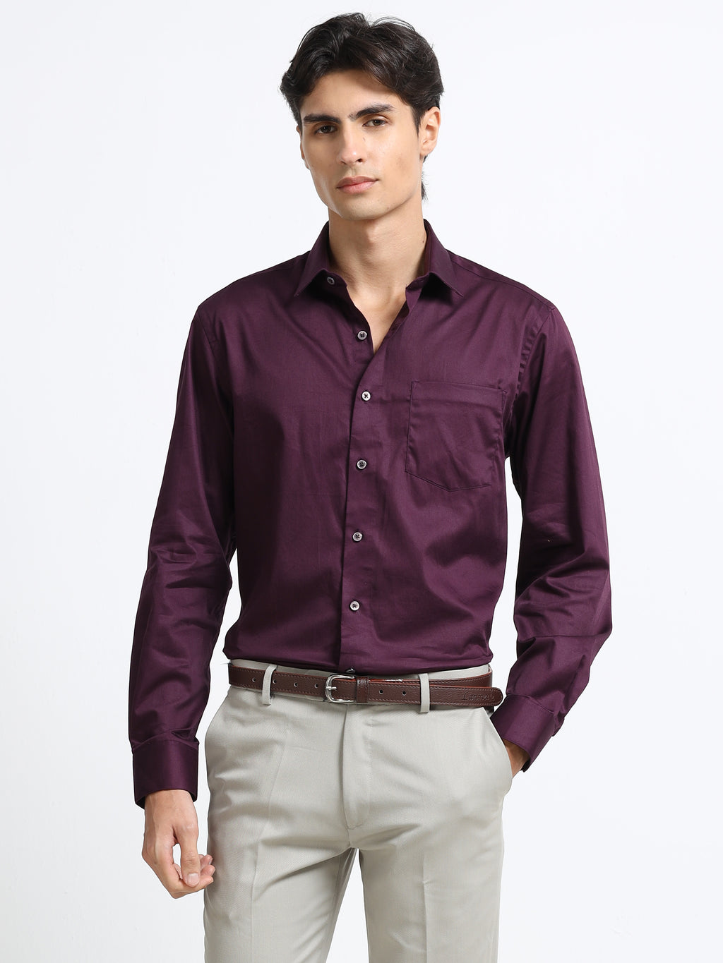 Mignight Wine Cotton Satin Stretch Solid Shirt
