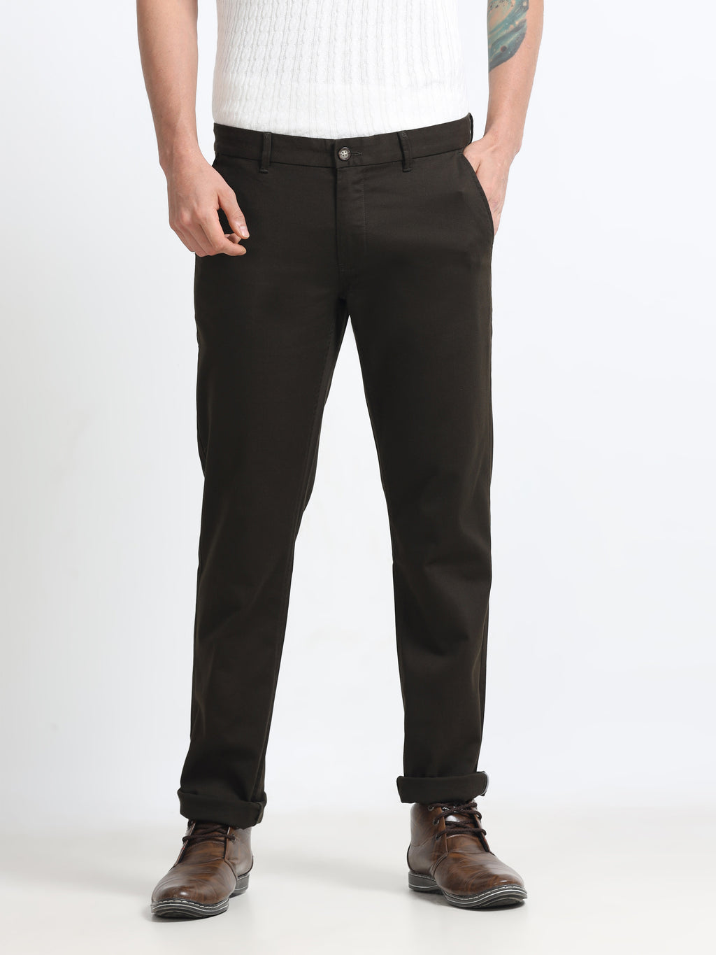 DARK OLIVE DOBBIES COTTON LYCRA BLEND TROUSER
