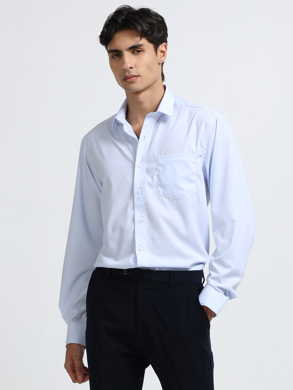 Celestial Blue Cotton Satin Stretch Solid Shirt