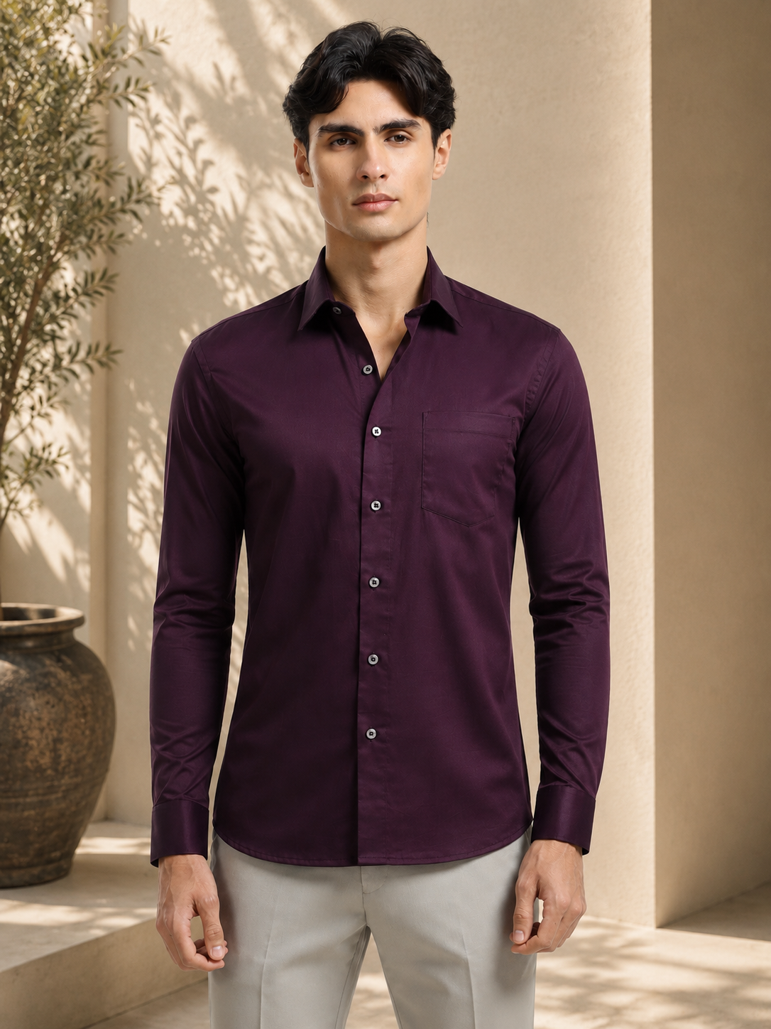 Mignight Wine Cotton Satin Stretch Solid Shirt