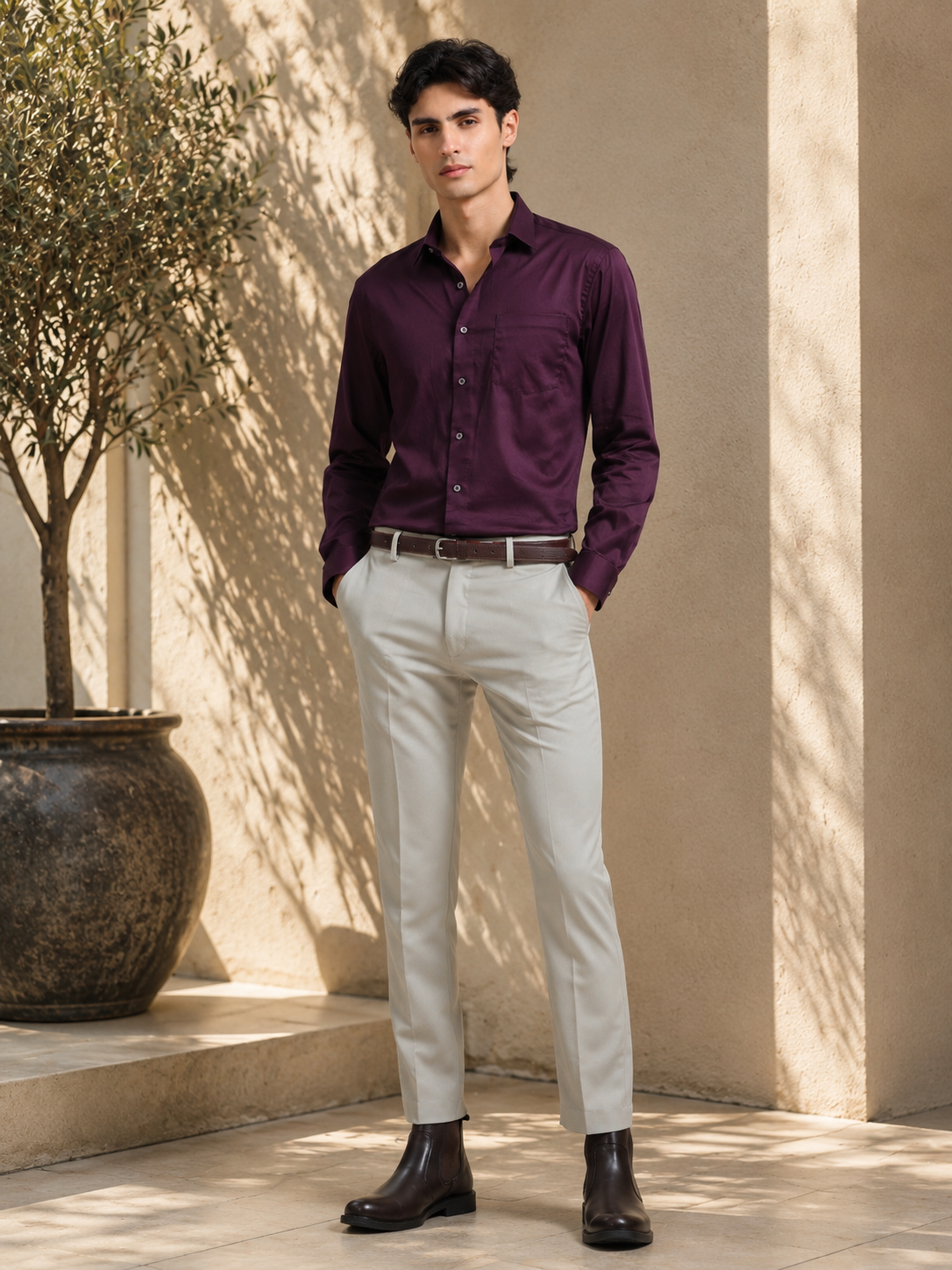 Mignight Wine Cotton Satin Stretch Solid Shirt