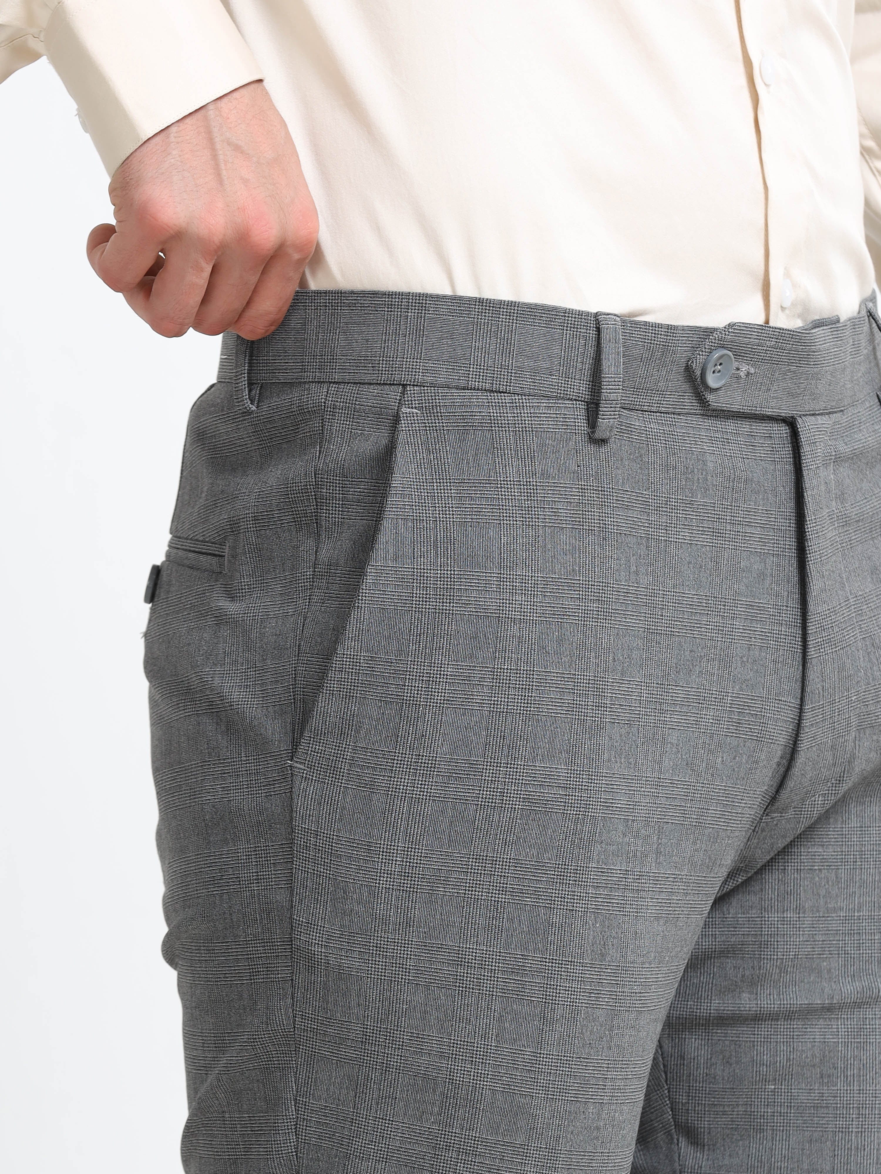 GREY CHECK 4 WAY STRETCH VISCOSE BLEND FORMAL PANT