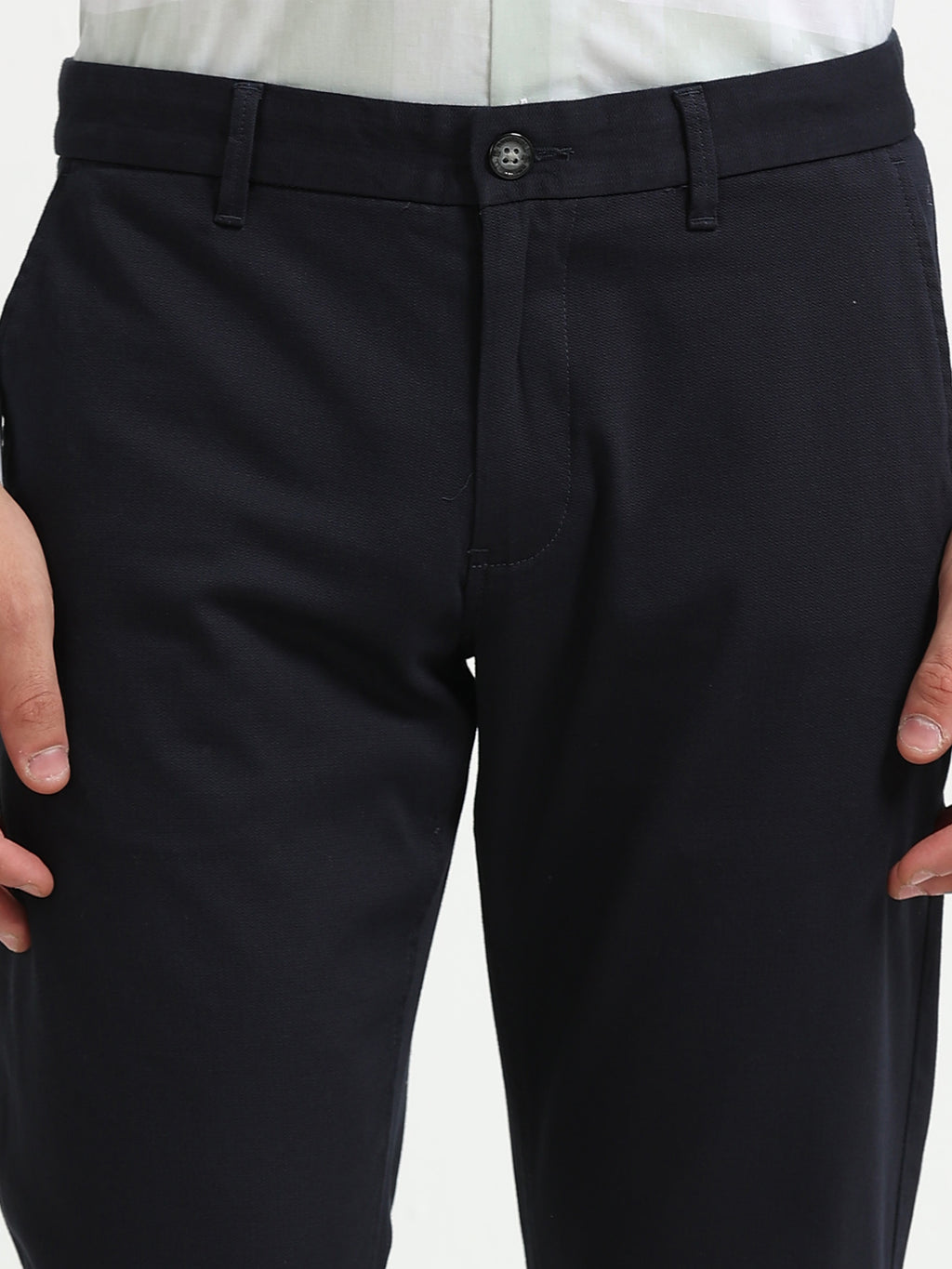 NAVY DOBBIES COTTON LYCRA BLEND TROUSER