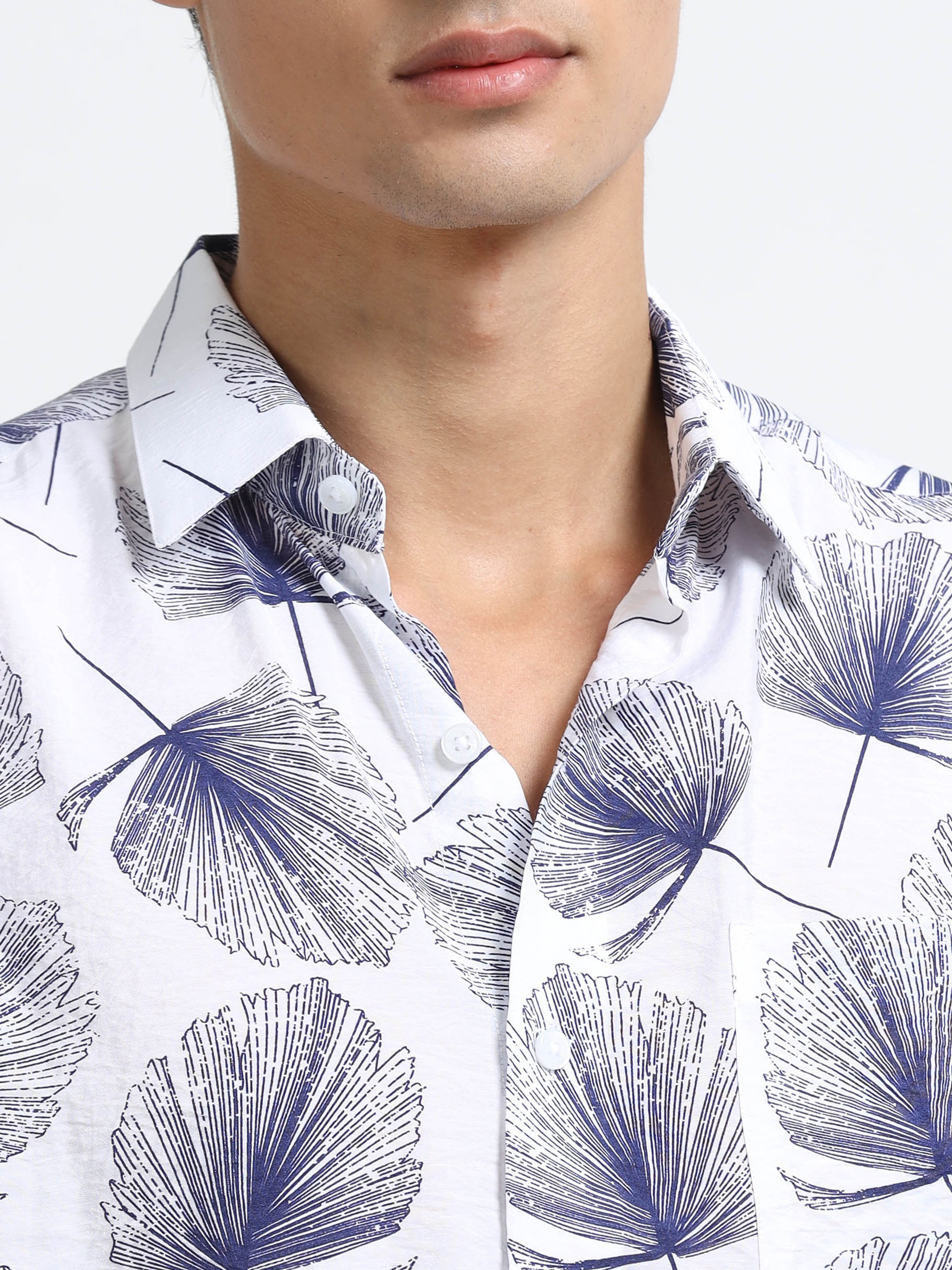 Coastal Ginkgo Indigo Cotton Textured Printed Shirt