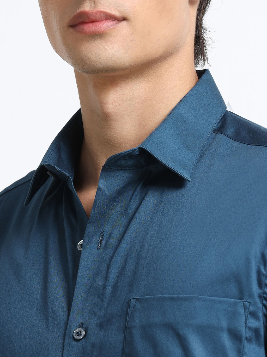 Midnight Teal Cotton Satin Stretch Solid Shirt