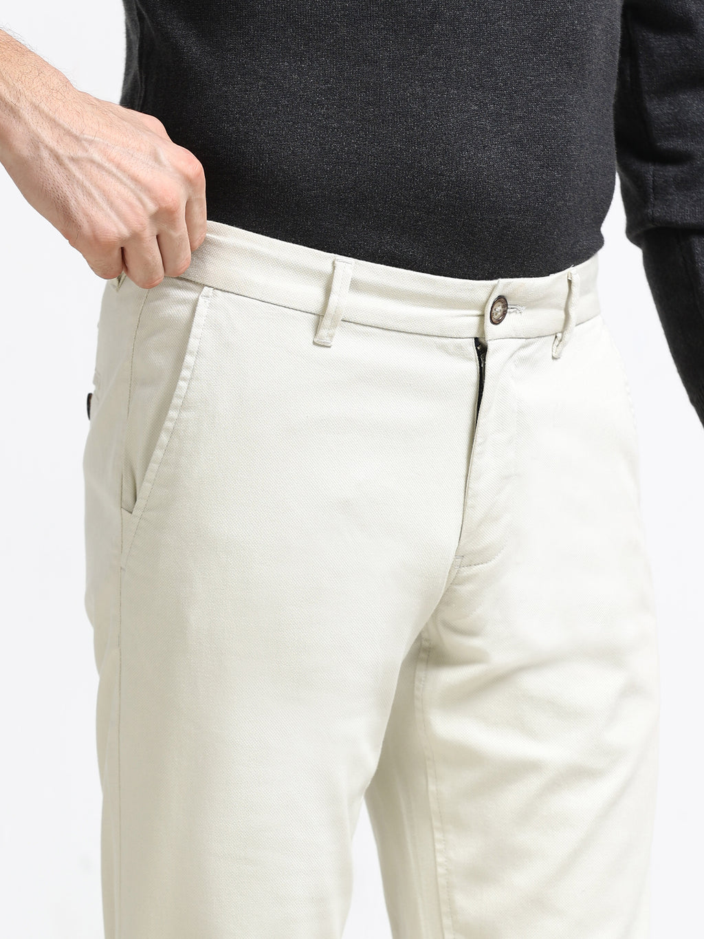 ECRU DOBBIES COTTON LYCRA BLEND TROUSER