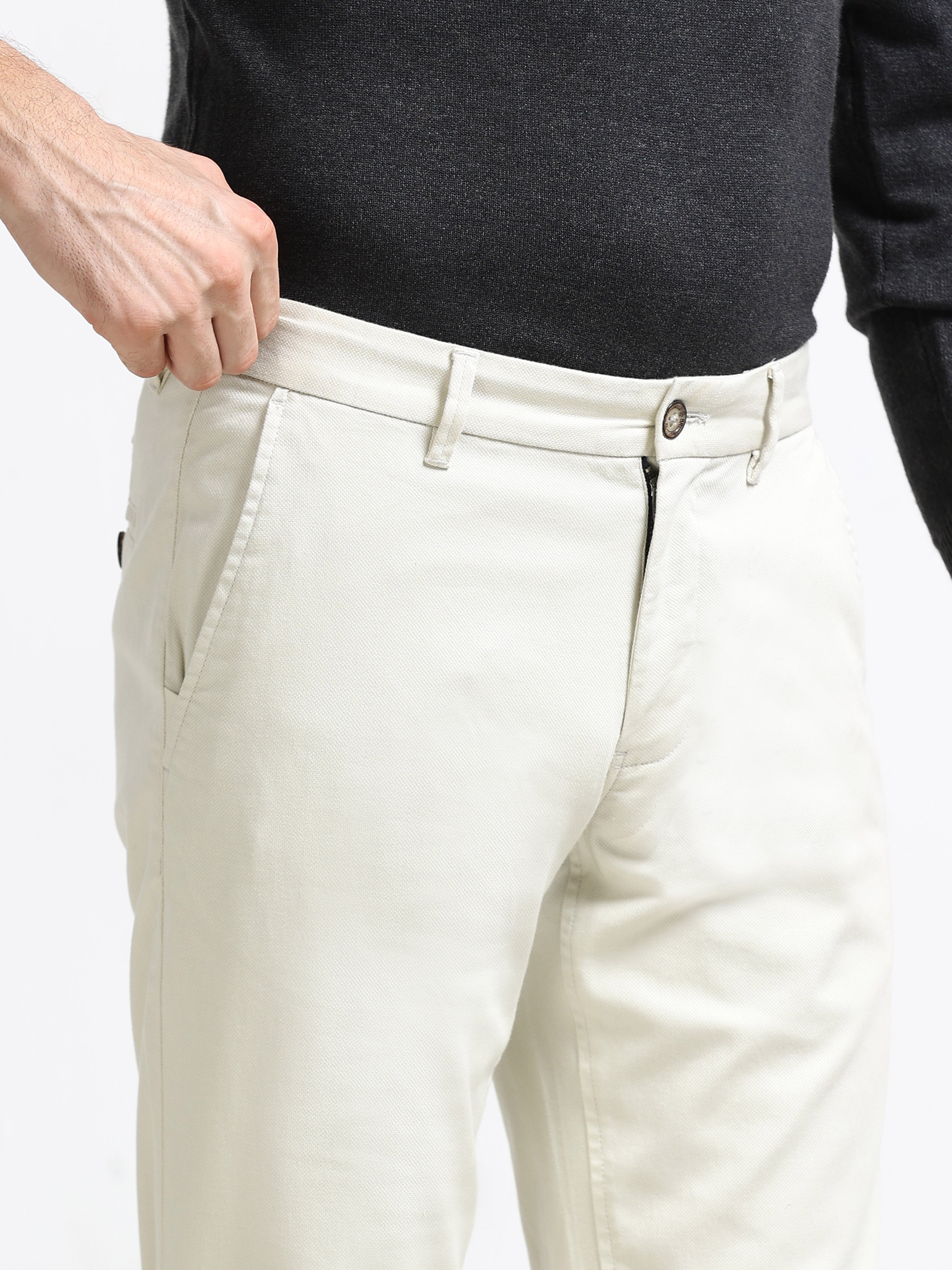 ECRU DOBBIES COTTON LYCRA BLEND TROUSER