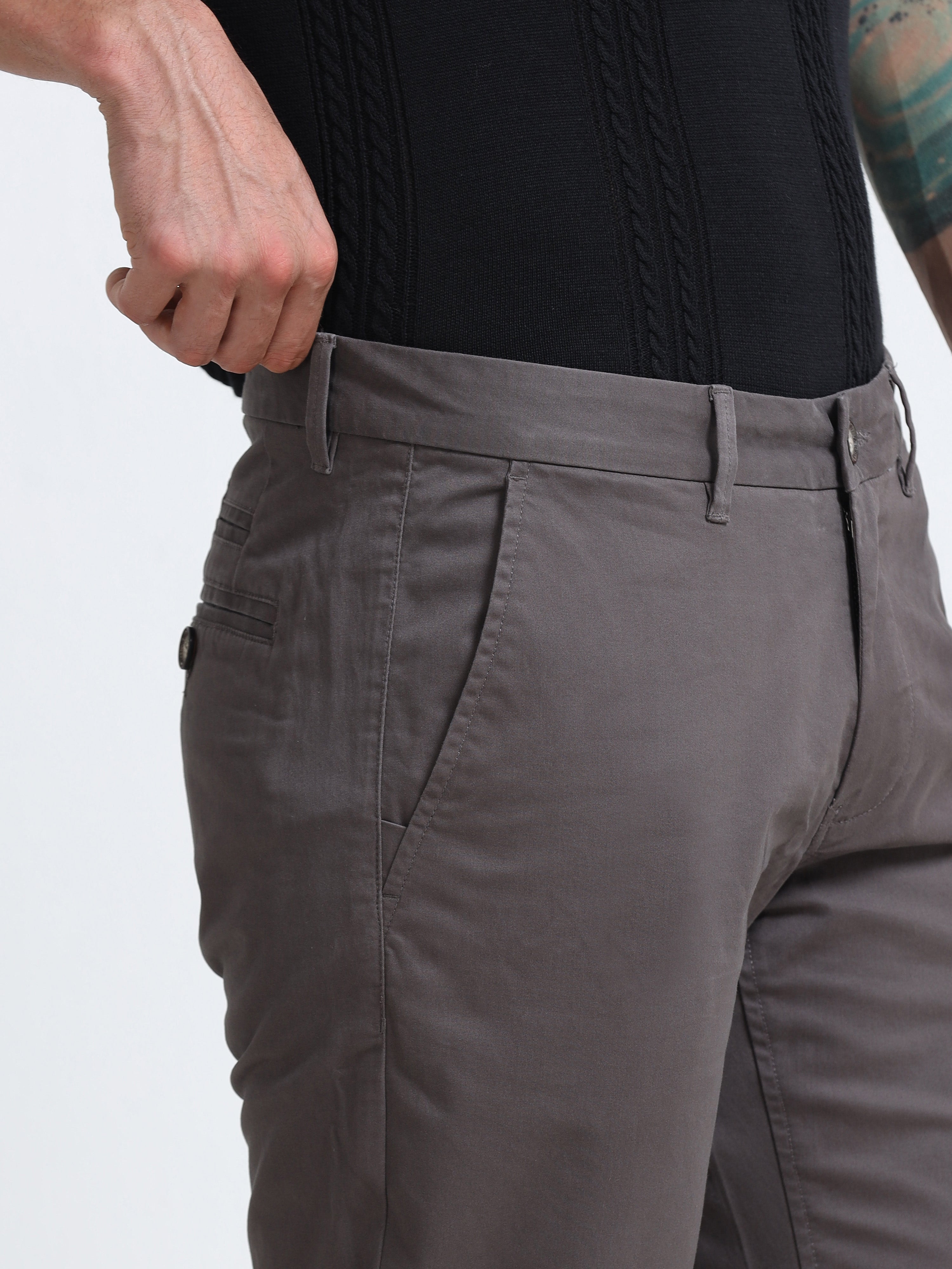 CEMENT GREY CONVERSE COTTON LYCRA STRECTH TROUSERS