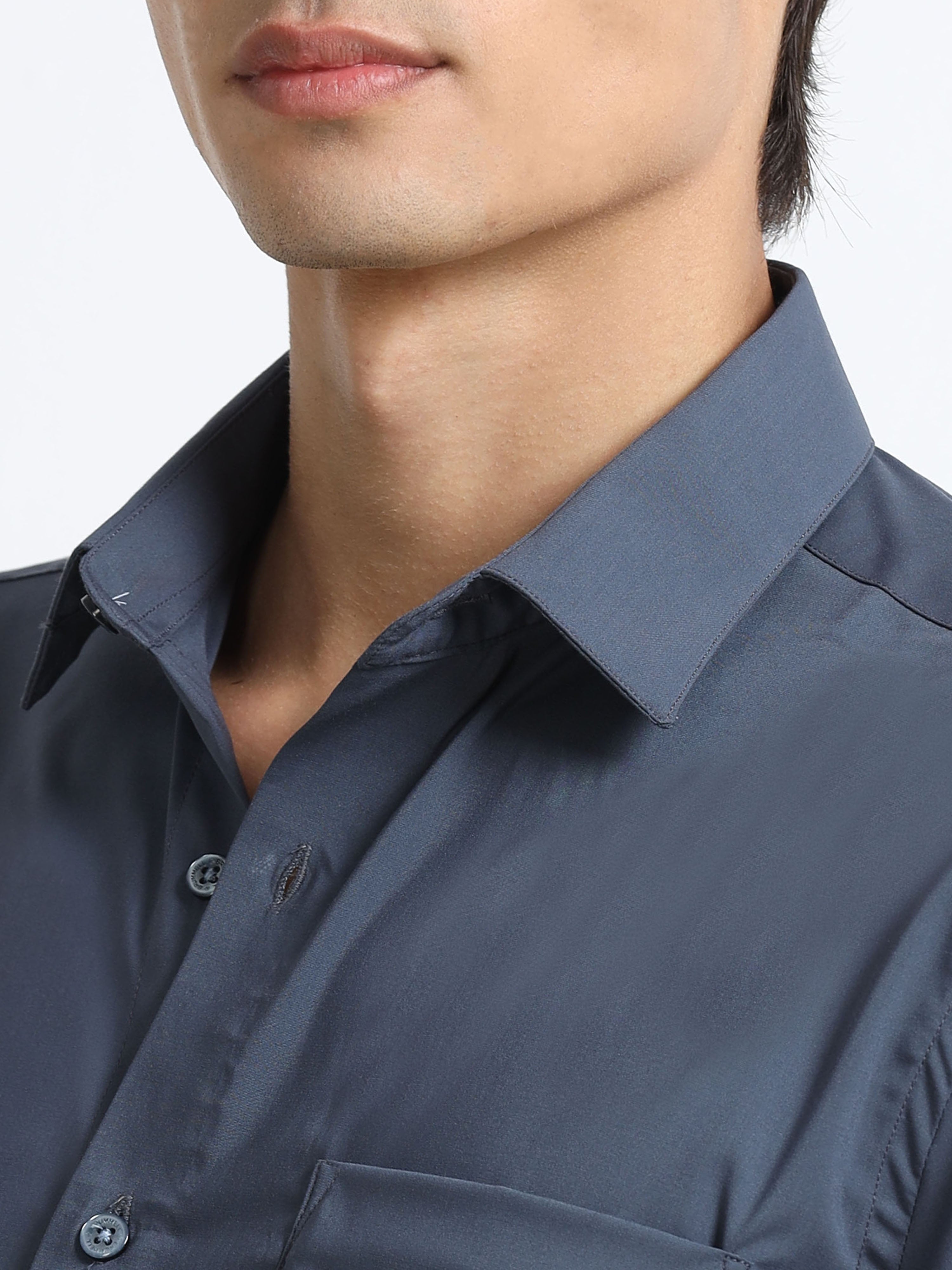 Midnight Slate Cotton Satin Stretch Solid Shirt