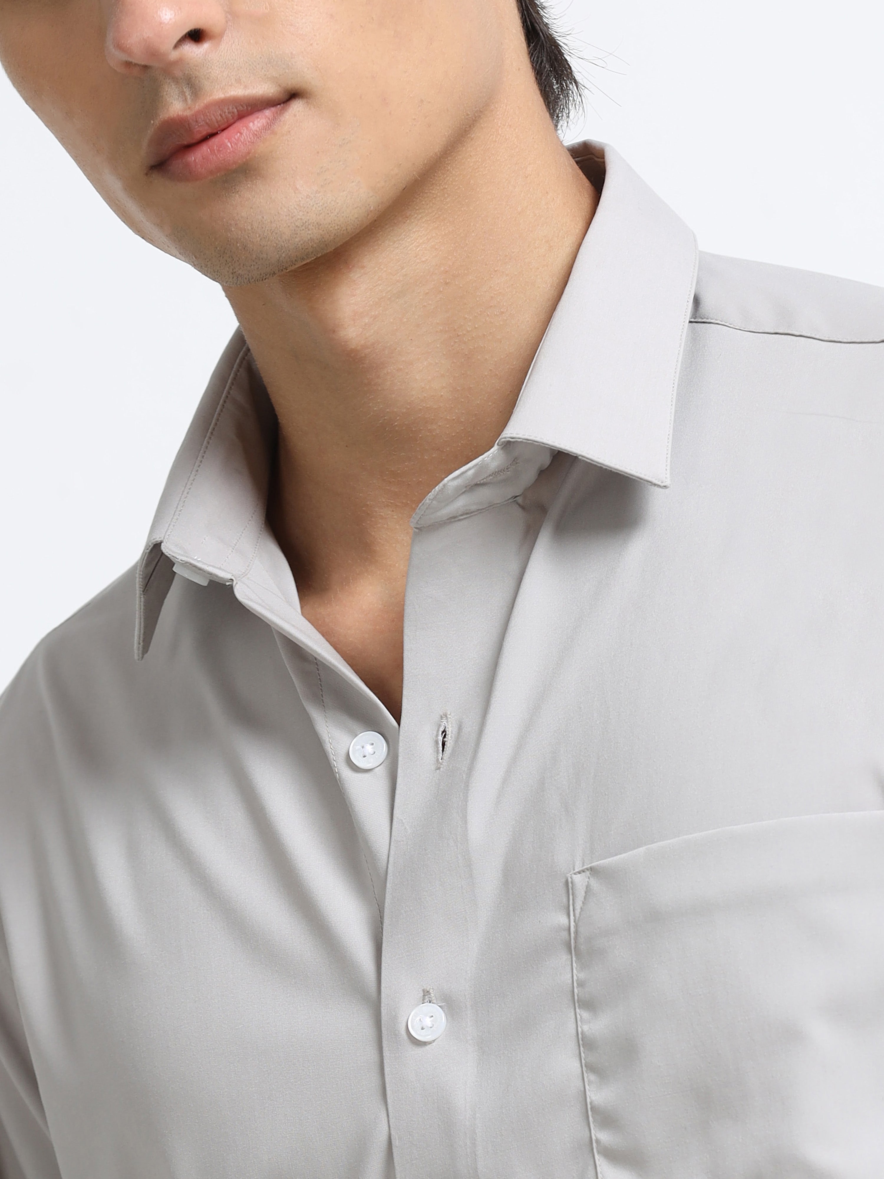 Steel Mist Cotton Satin Stretch Solid Shirt
