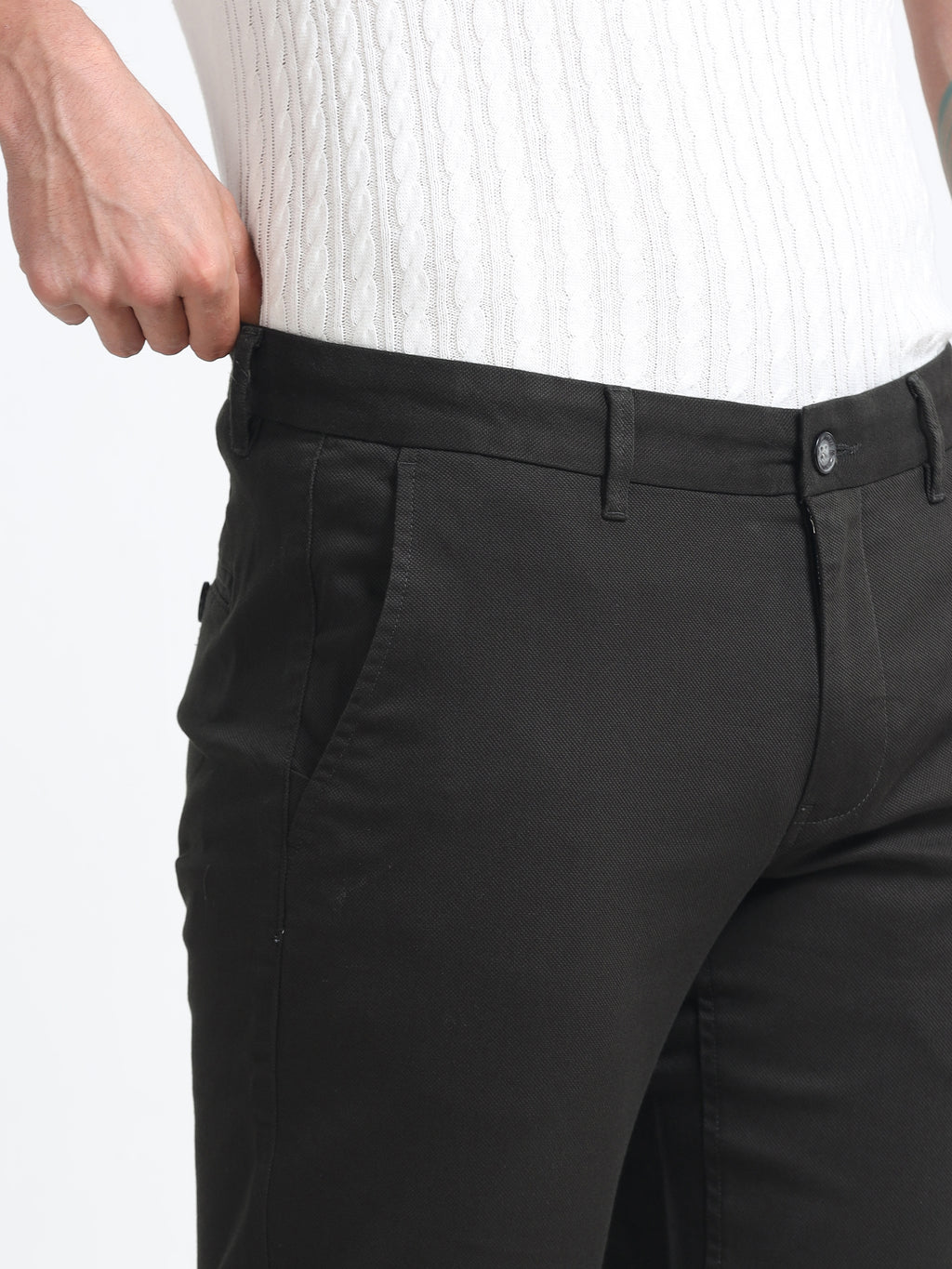 DARK GREEN DOBBIES COTTON LYCRA BLEND TROUSER