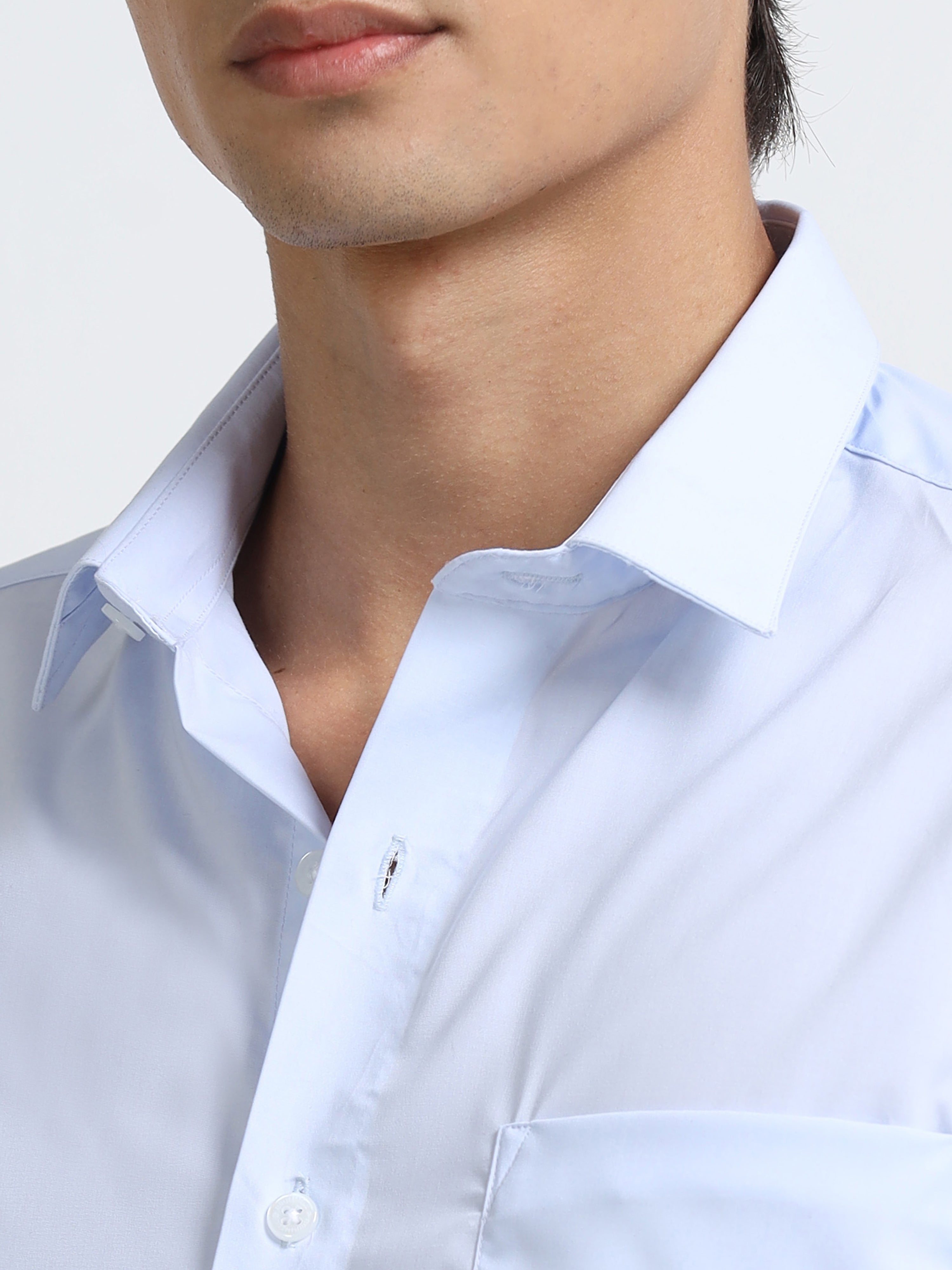 Celestial Blue Cotton Satin Stretch Solid Shirt