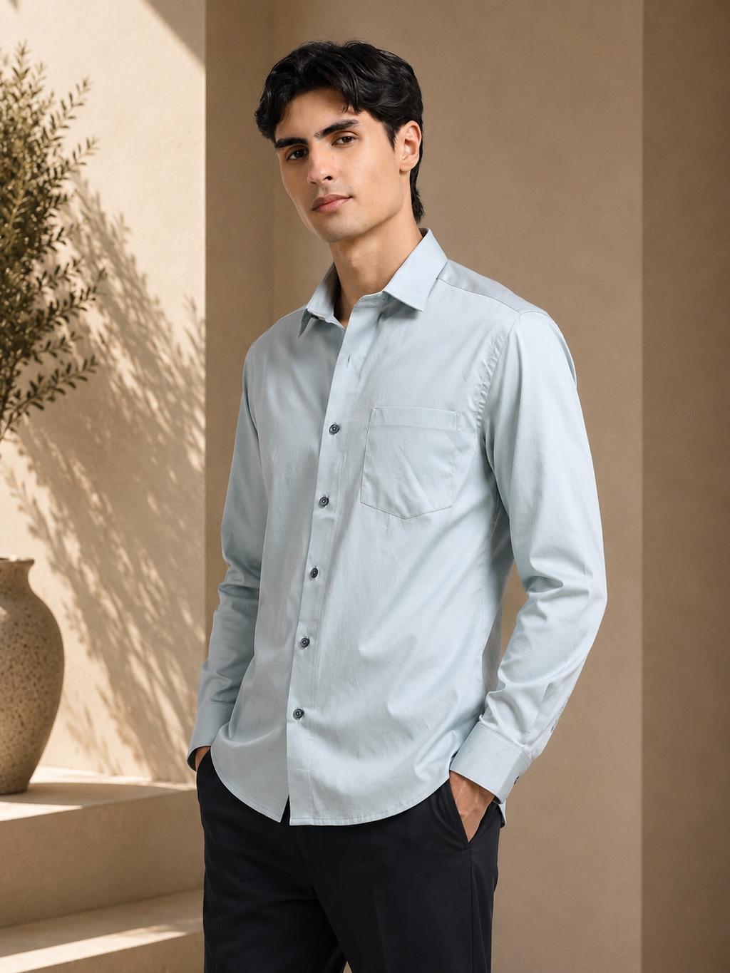 Arctic Mint Cotton Satin Stretch Solid Shirt