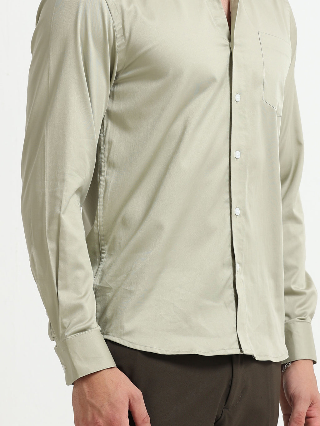 Muted Olive Cotton Satin Stretch Solid Shirt