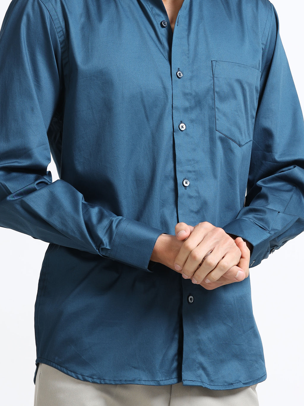 Midnight Teal Cotton Satin Stretch Solid Shirt