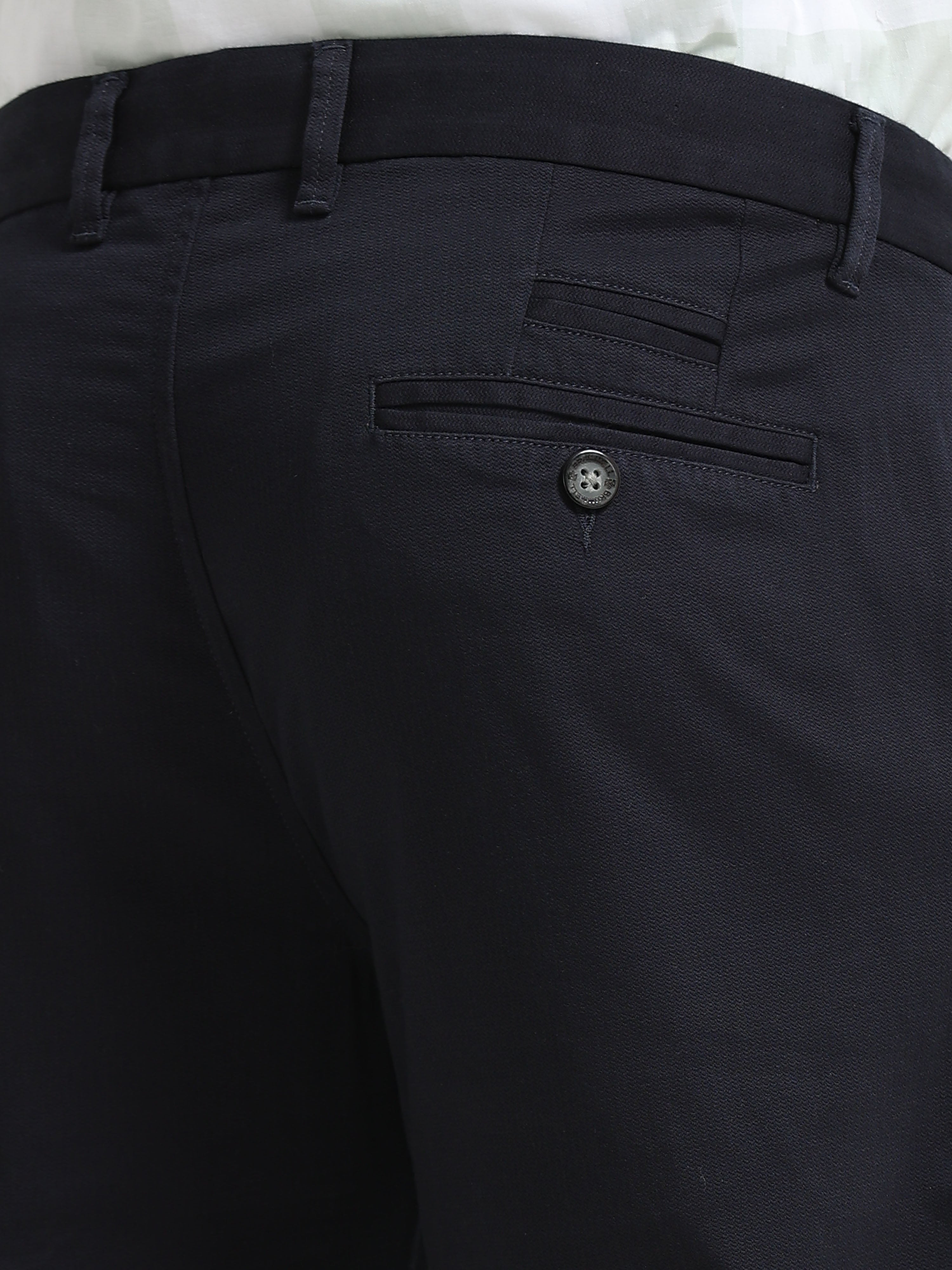 NAVY DOBBIES COTTON LYCRA BLEND TROUSER