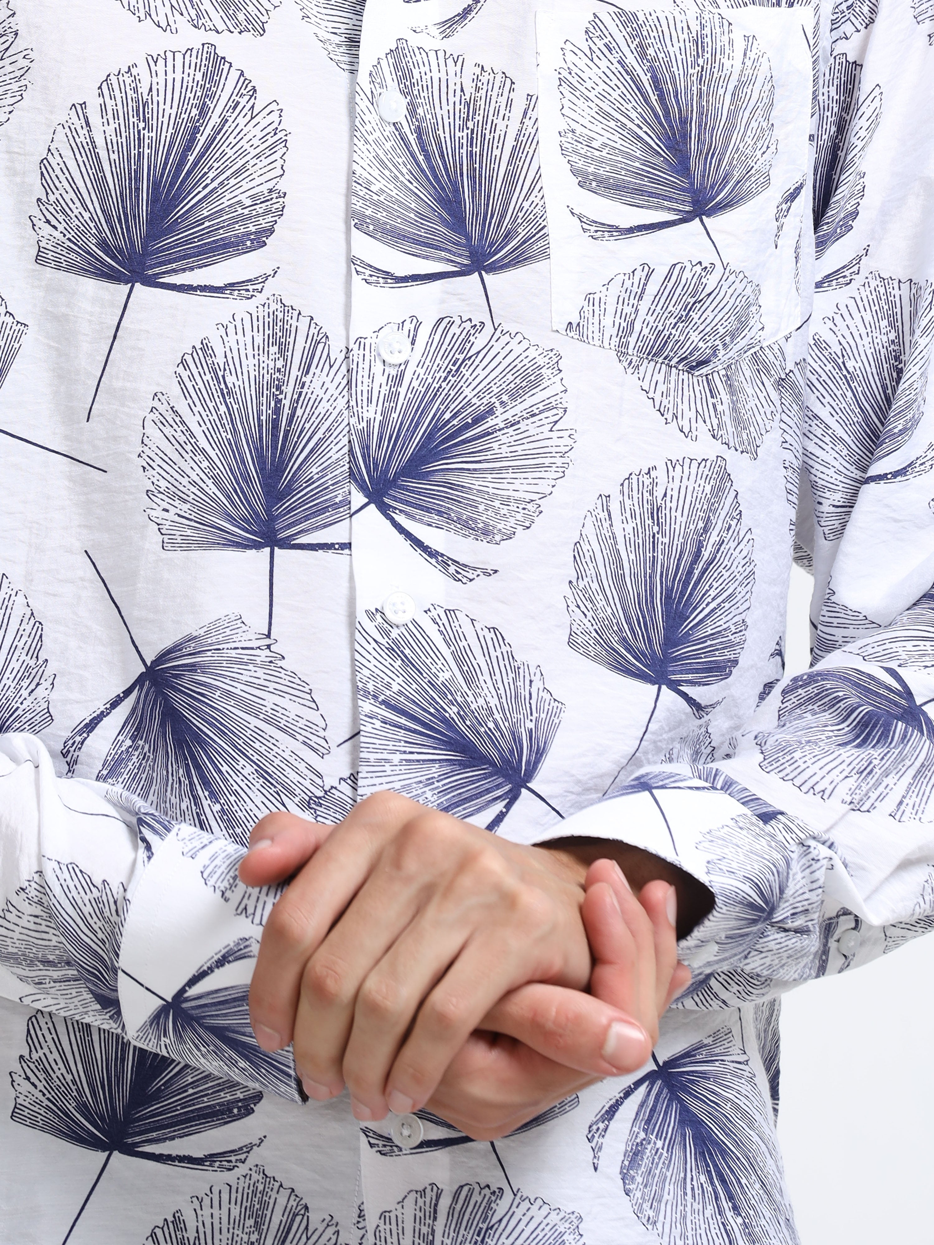 Coastal Ginkgo Indigo Cotton Textured Printed Shirt