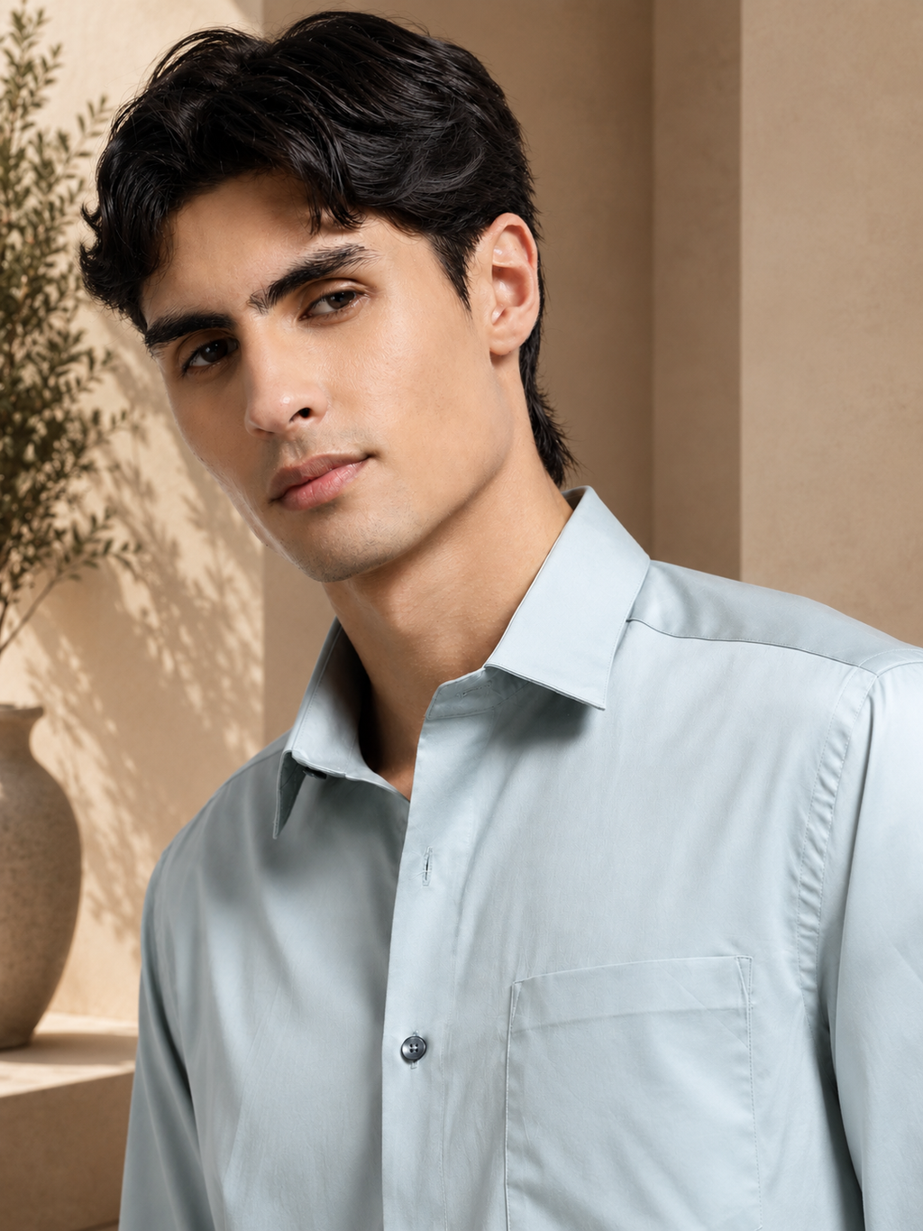 Arctic Mint Cotton Satin Stretch Solid Shirt