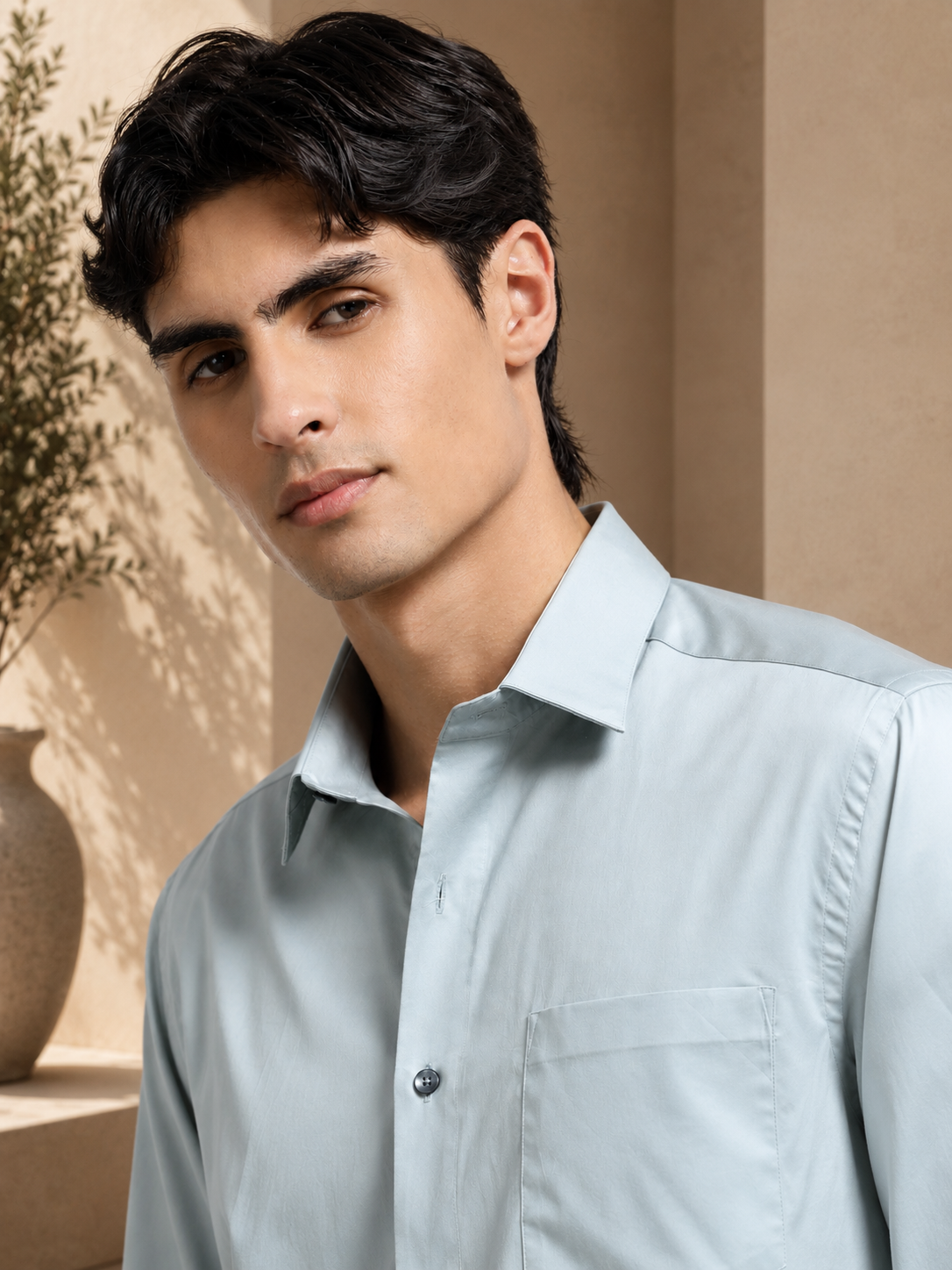 Arctic Mint Cotton Satin Stretch Solid Shirt
