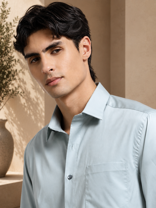 Arctic Mint Cotton Satin Stretch Solid Shirt