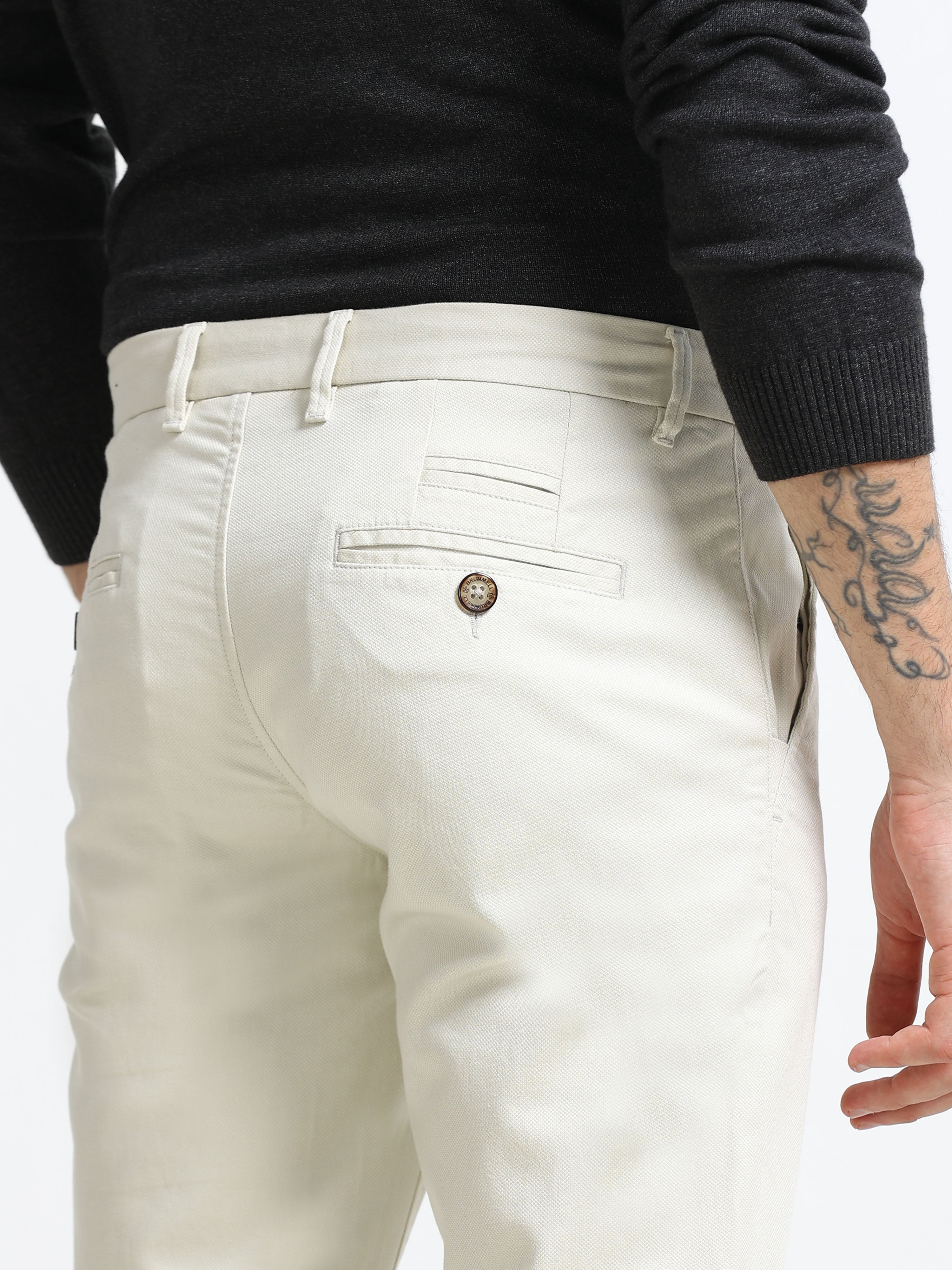 ECRU DOBBIES COTTON LYCRA BLEND TROUSER