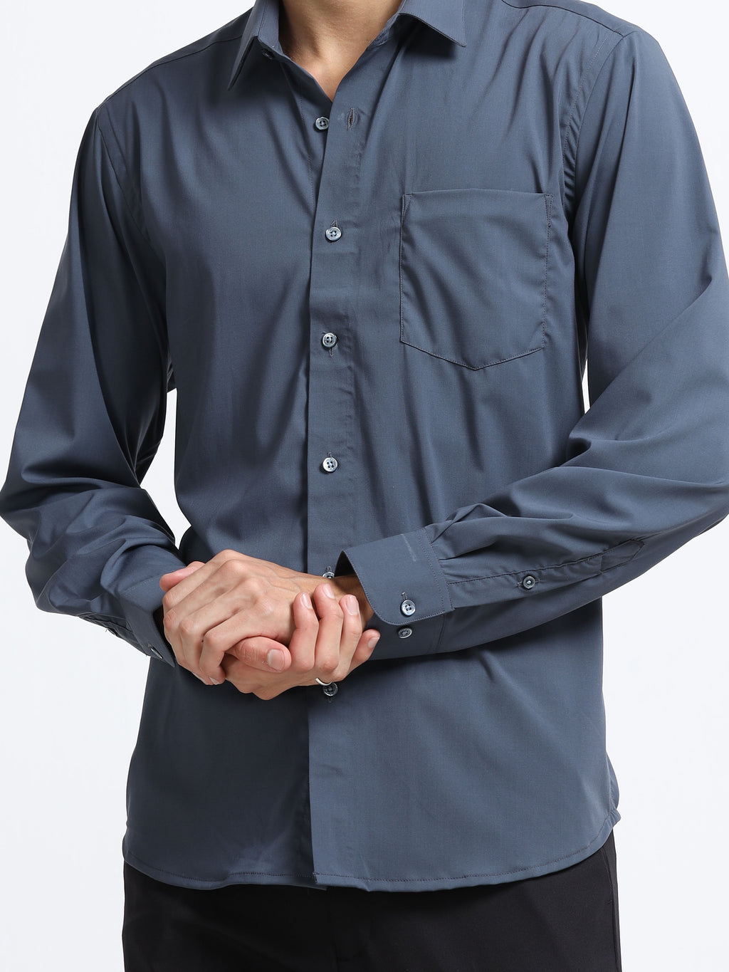 Midnight Slate Cotton Satin Stretch Solid Shirt