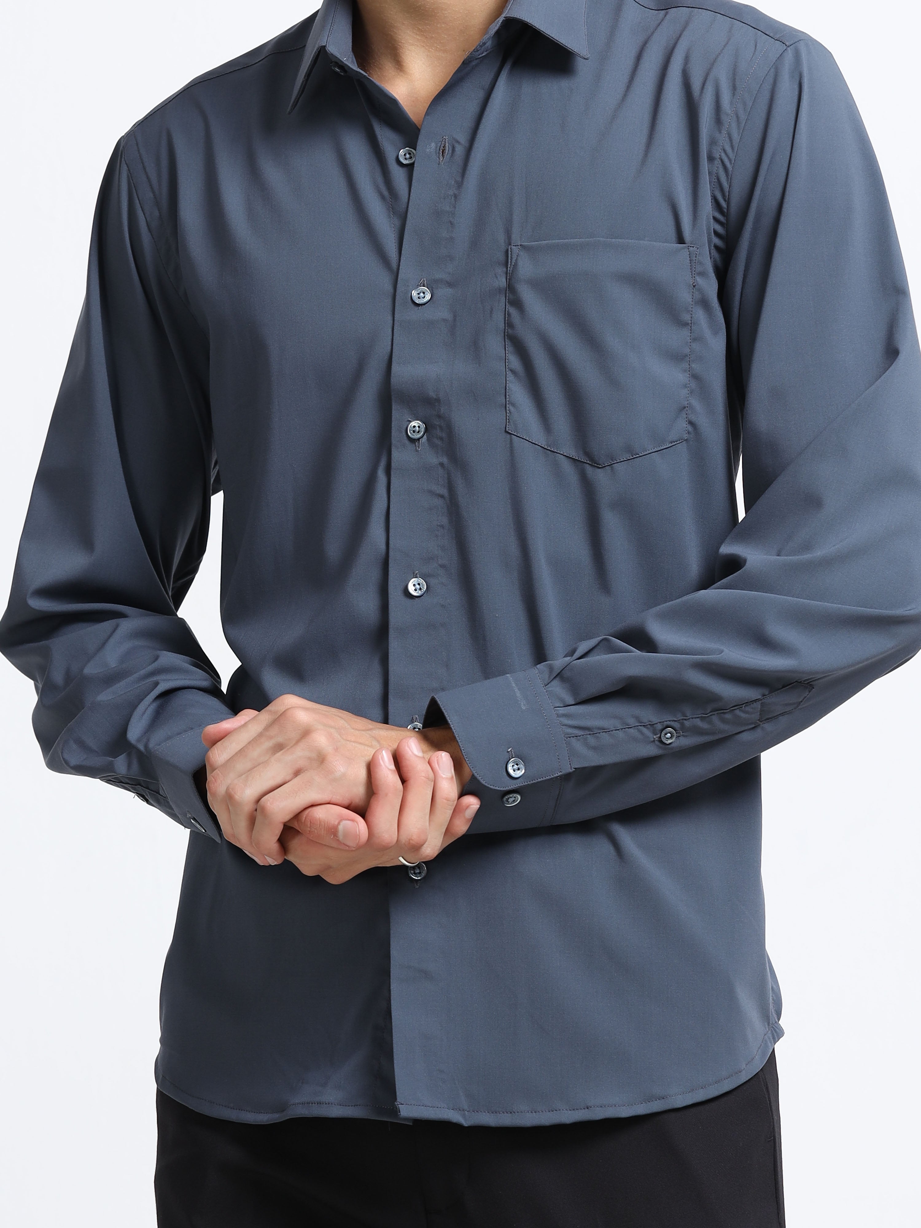 Midnight Slate Cotton Satin Stretch Solid Shirt