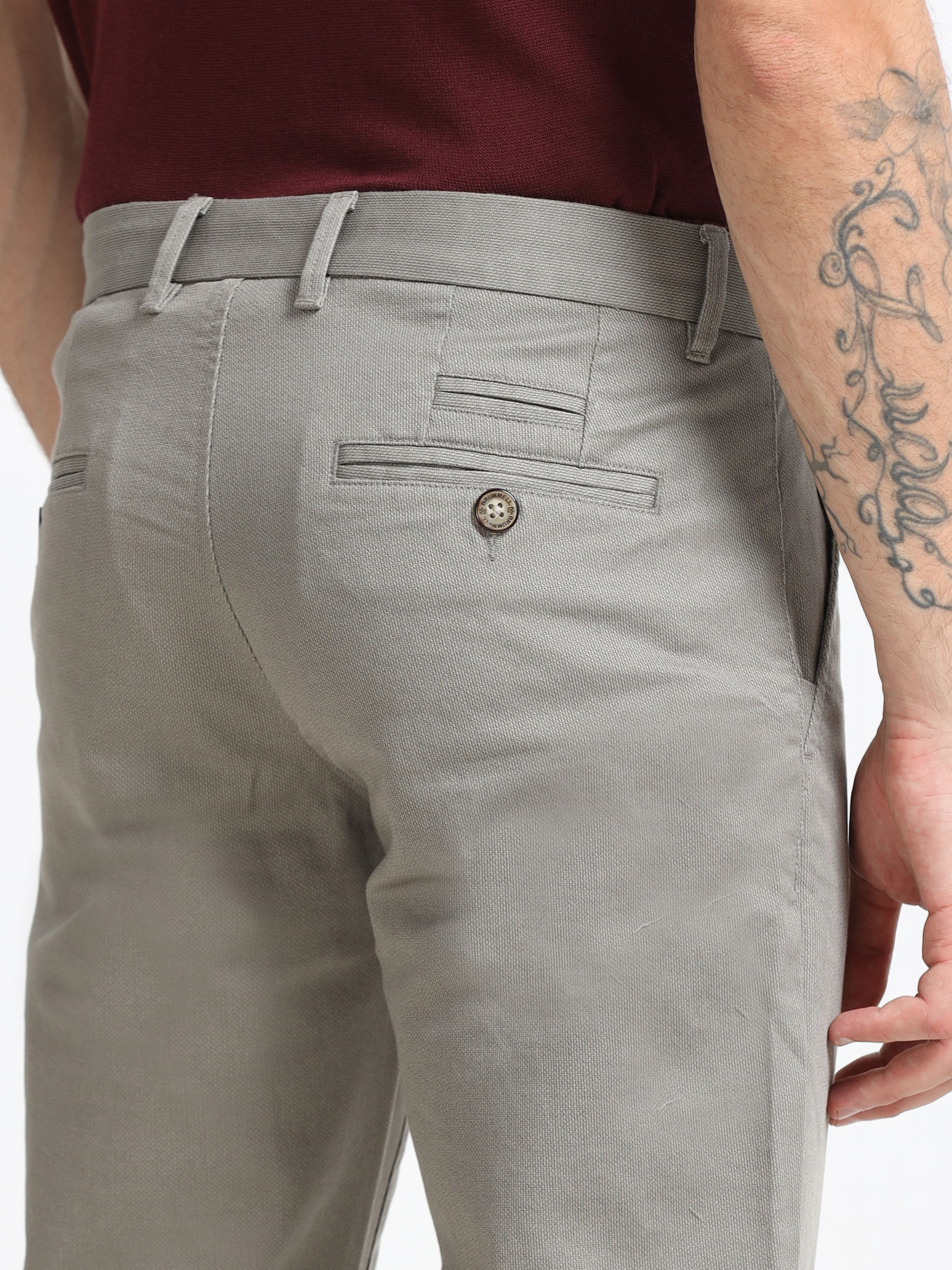 TAUPE DOBBIES COTTON LYCRA BLEND TROUSER