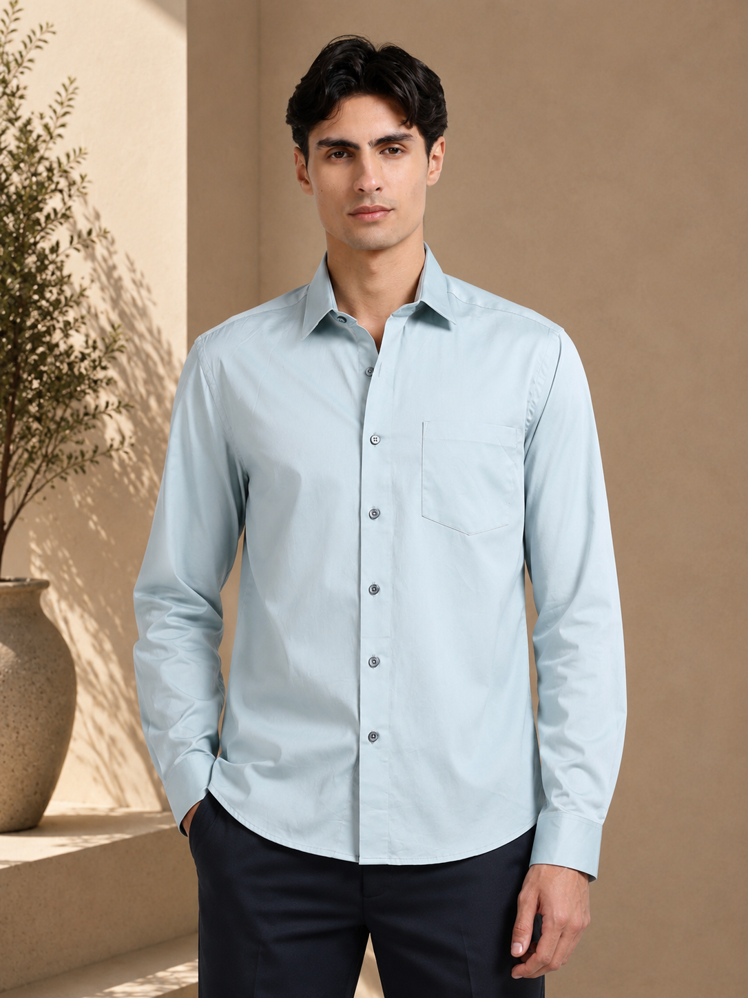 Arctic Mint Cotton Satin Stretch Solid Shirt