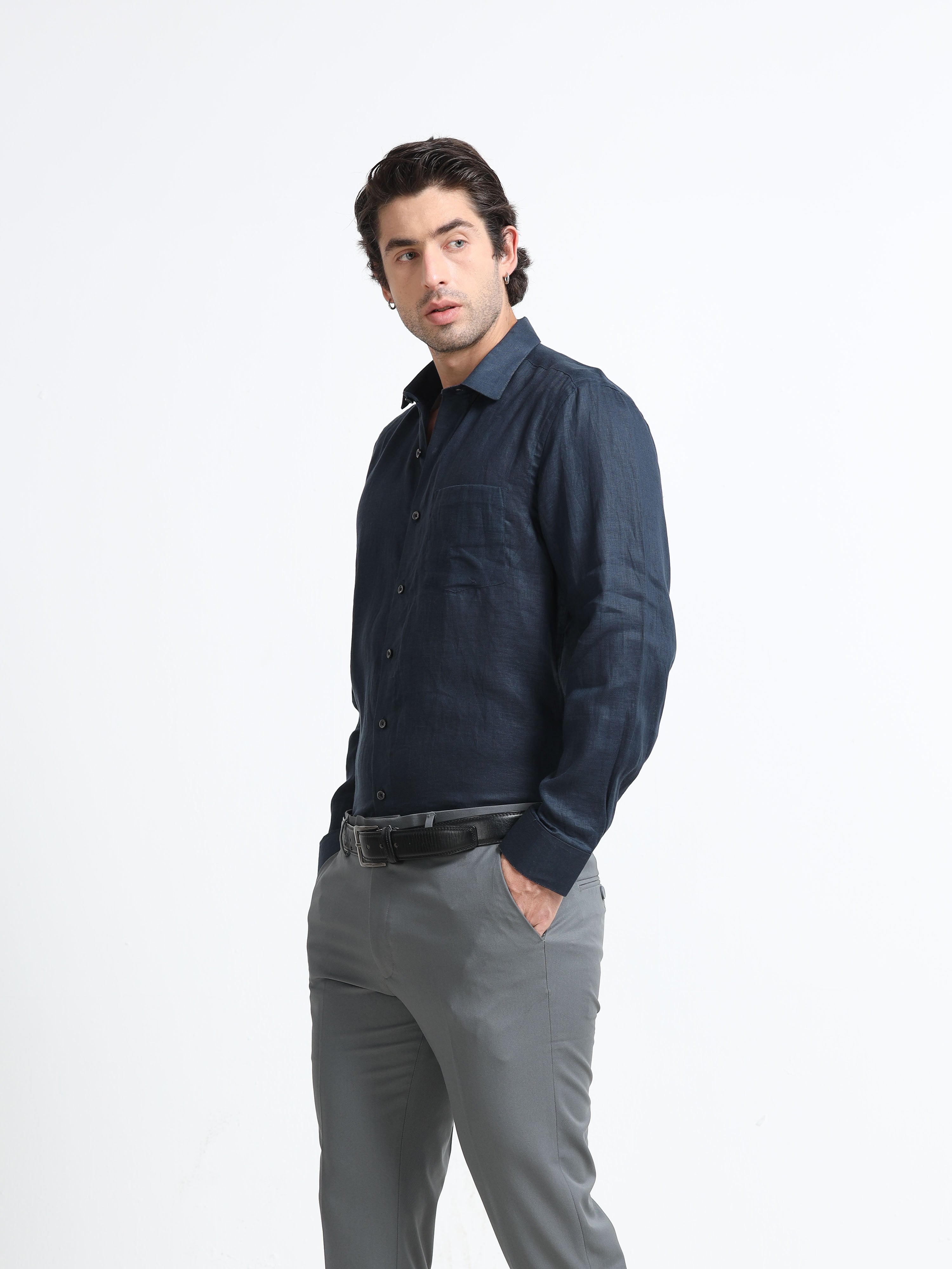 Midnight Blue Linen Solid Shirt